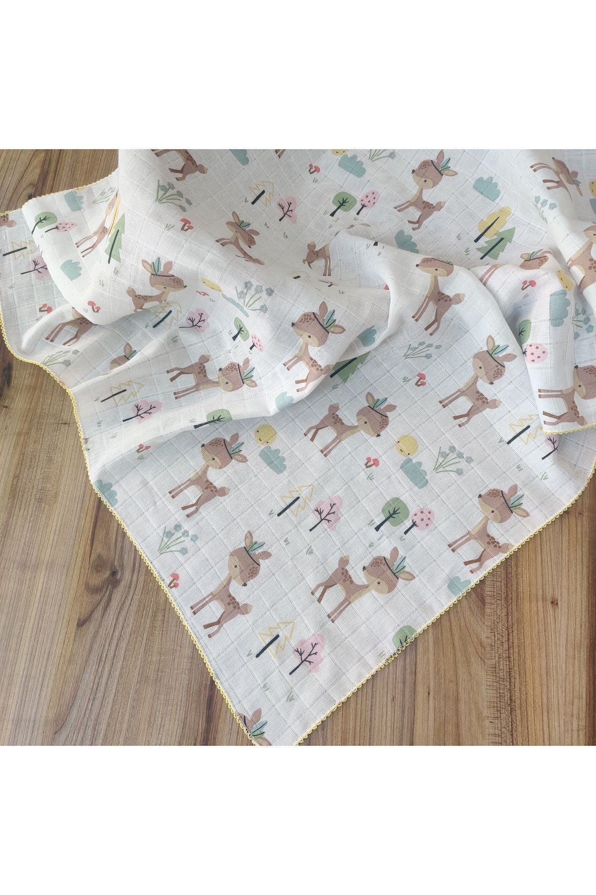 Sarı Müslin Kız Erkek Bebek Battaniyesi Oeko-texli %100 Pamuklu Desenli Örtü Yenidoğan 90x80cm