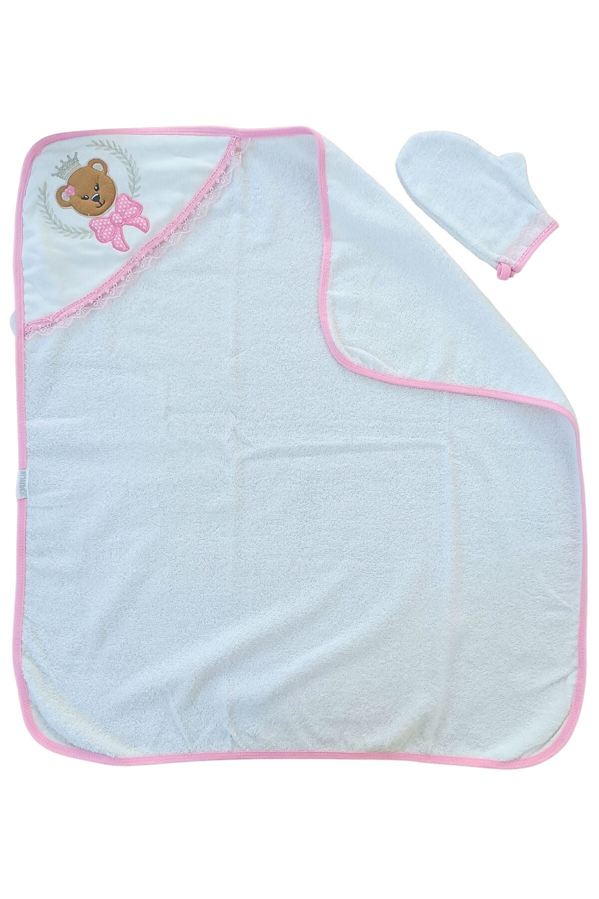 %100 Pamuklu & Başlıklı Kız Bebek Banyo Havlusu - Ayıcık Nakışlı & Yumuşak Bebek Havlusu