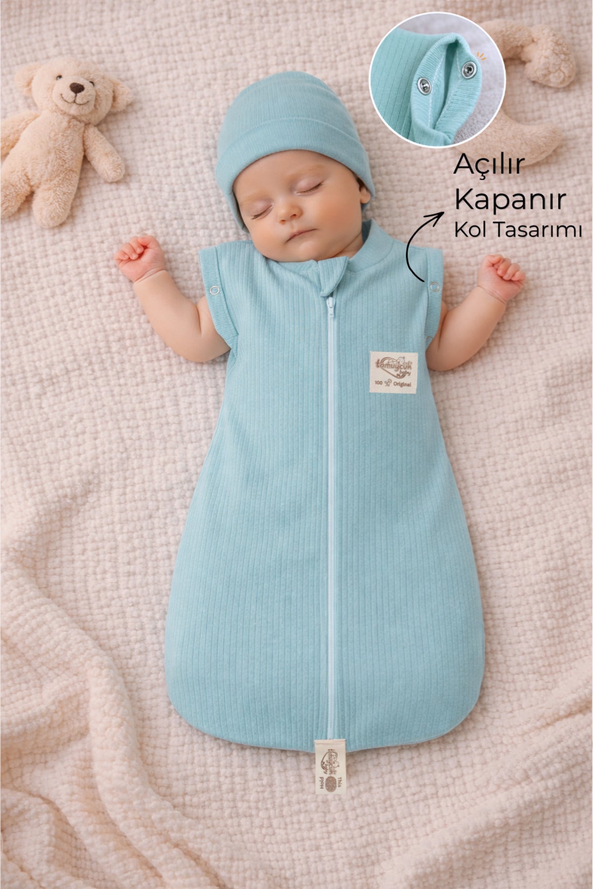 %100 Pamuklu Yeşil Unisex Bebek Uyku Tulumu Kundağı 0-6 Ay Fermuarlı Çıtçıt Kol Mevsimlik Yenidoğan