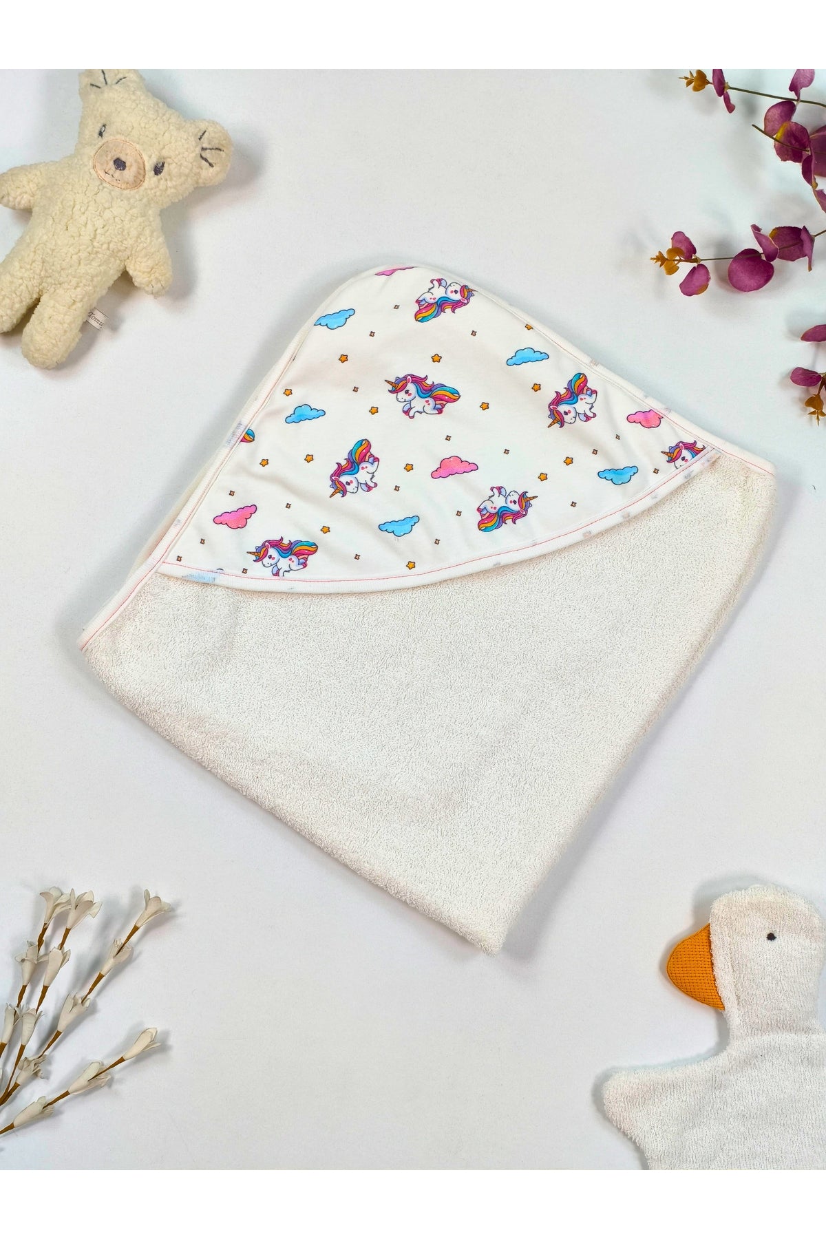 Unicorn Desenli %100 Pamuklu Başlıklı Kız Bebek Banyo Havlusu Yumuşak & Su Emici Havlu