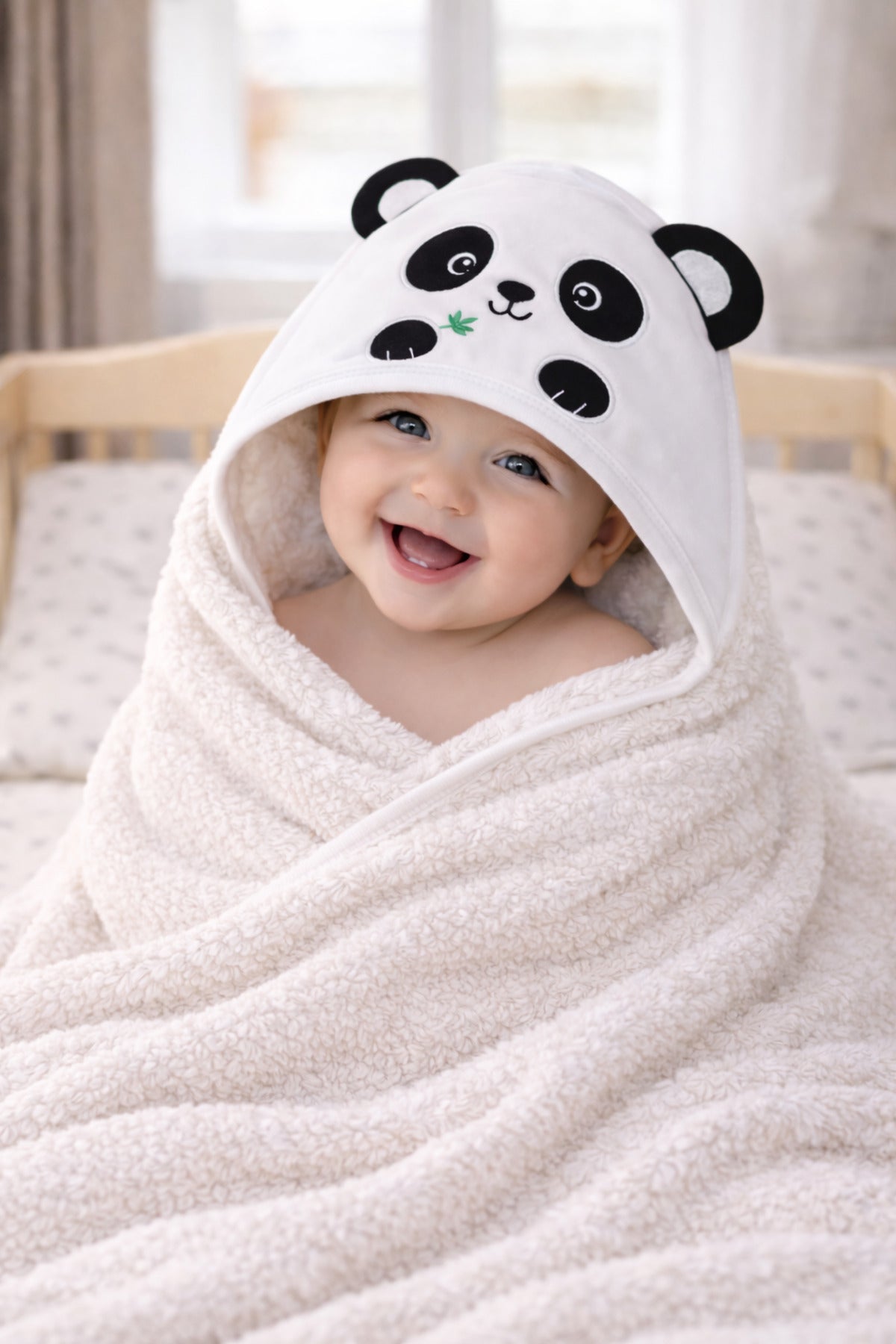 %100 Pamuklu & Başlıklı Bebek Banyo Havlusu - Panda Nakışlı & Havlu- Yumuşak & Su Emici