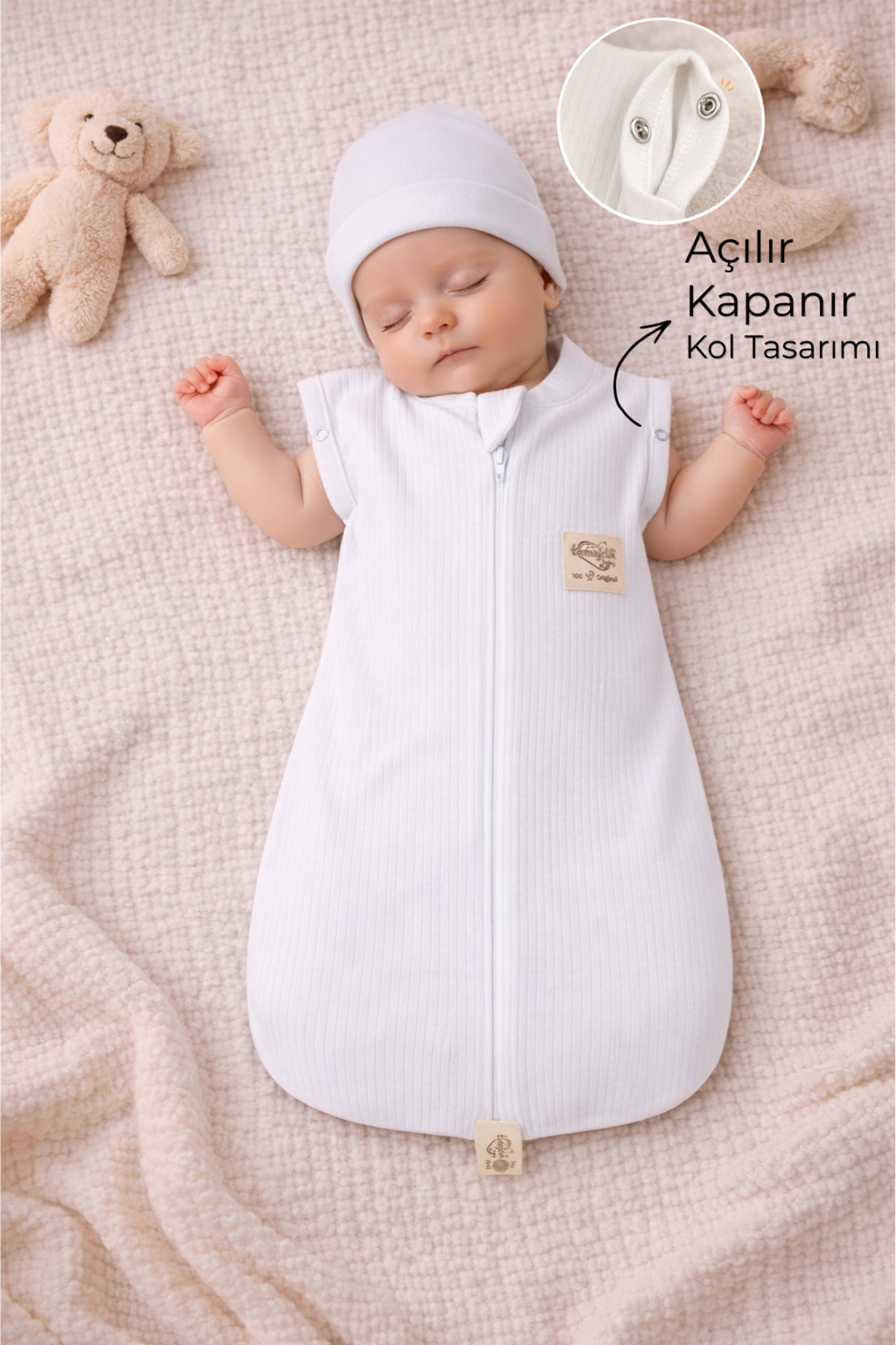 %100 Pamuklu Kız / Erkek Bebek Uyku Tulumu Kundağı 0-6 Ay Fermuarlı Çıtçıtlı Kol Mevsimlik Yenidoğan