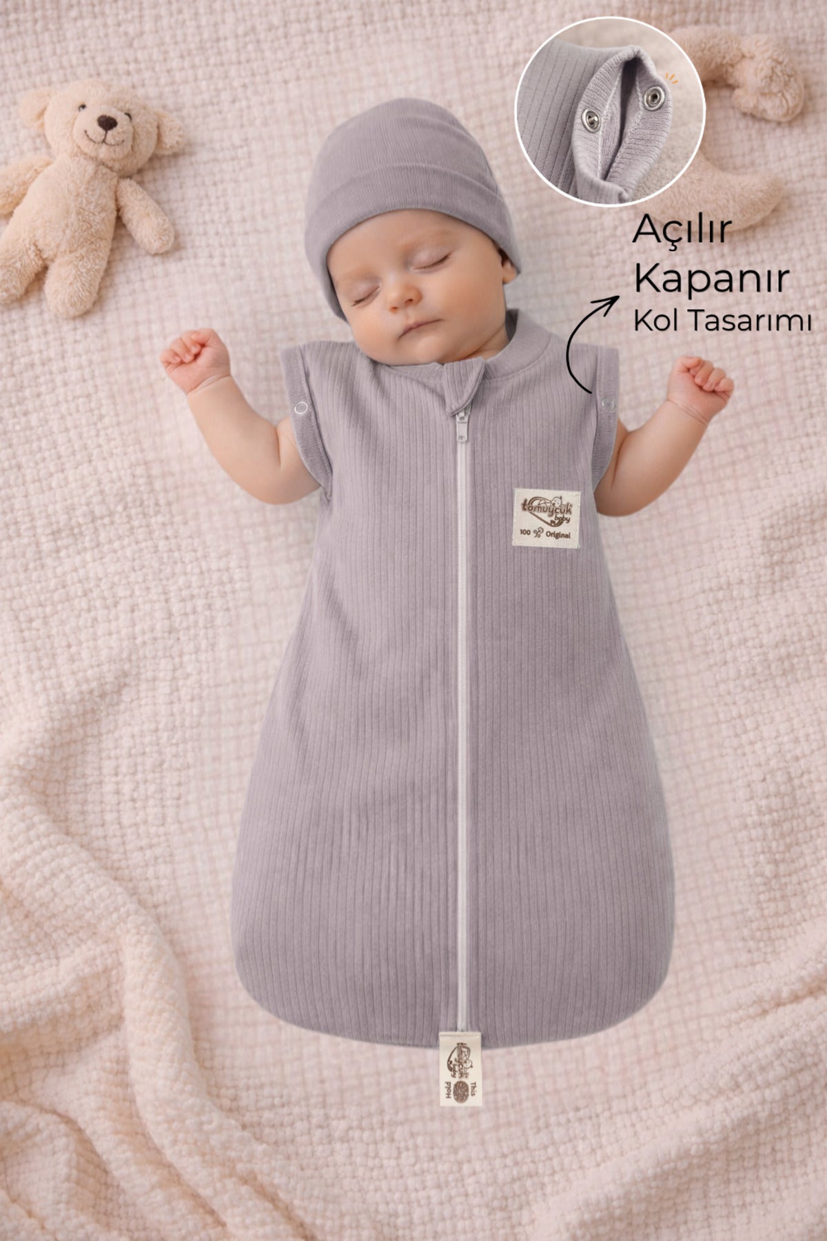 %100 Pamuklu Unisex Bebek Uyku Tulumu 0-6 Ay | Fermuarlı Şapkalı