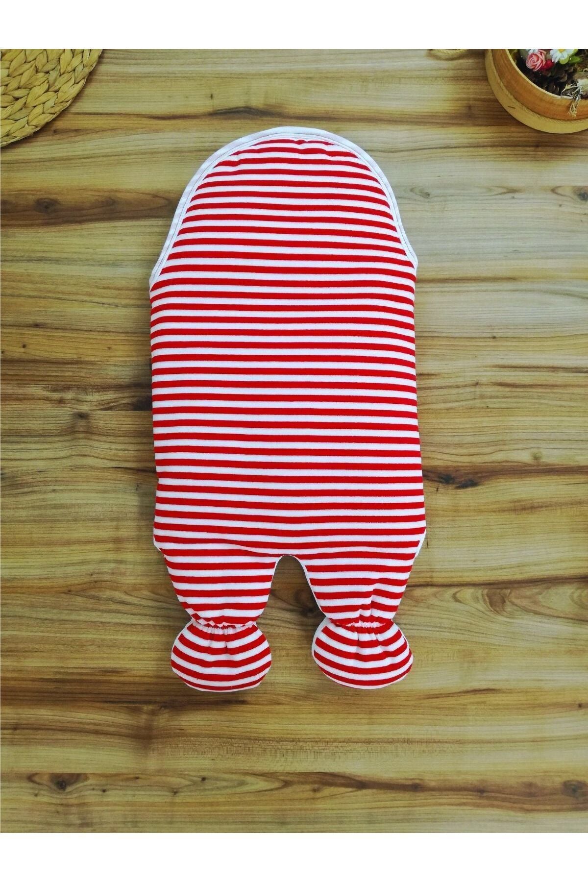 Yenidoğan Unisex Ayaklı Bebek Kundağı Ve Uyku Tulumu - Ayıcık Nakışlı & Kırmızı Çizgili