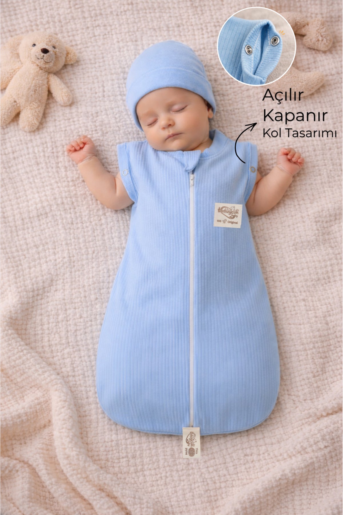 %100 Pamuklu Mavi Erkek Bebek Uyku Tulumu 0-6 Ay Fermuarlı Çıtçıtlı Kol Mevsimlik Şapkalı Yenidoğan