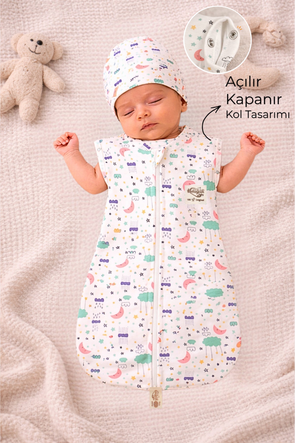 %100 Pamuklu Unisex Uyku Tulumu 0-6 Ay | Fermuarlı Şapkalı