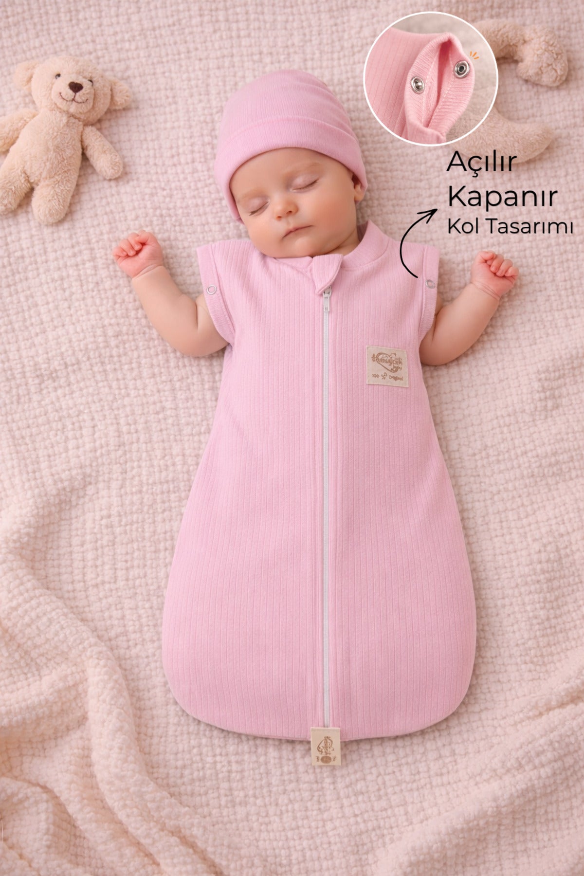 %100 Pamuklu Pembe Kız Bebek Uyku Tulumu 0-6 Ay Fermuarlı Çıtçıtlı Kol Mevsimlik Şapkalı Yenidoğan