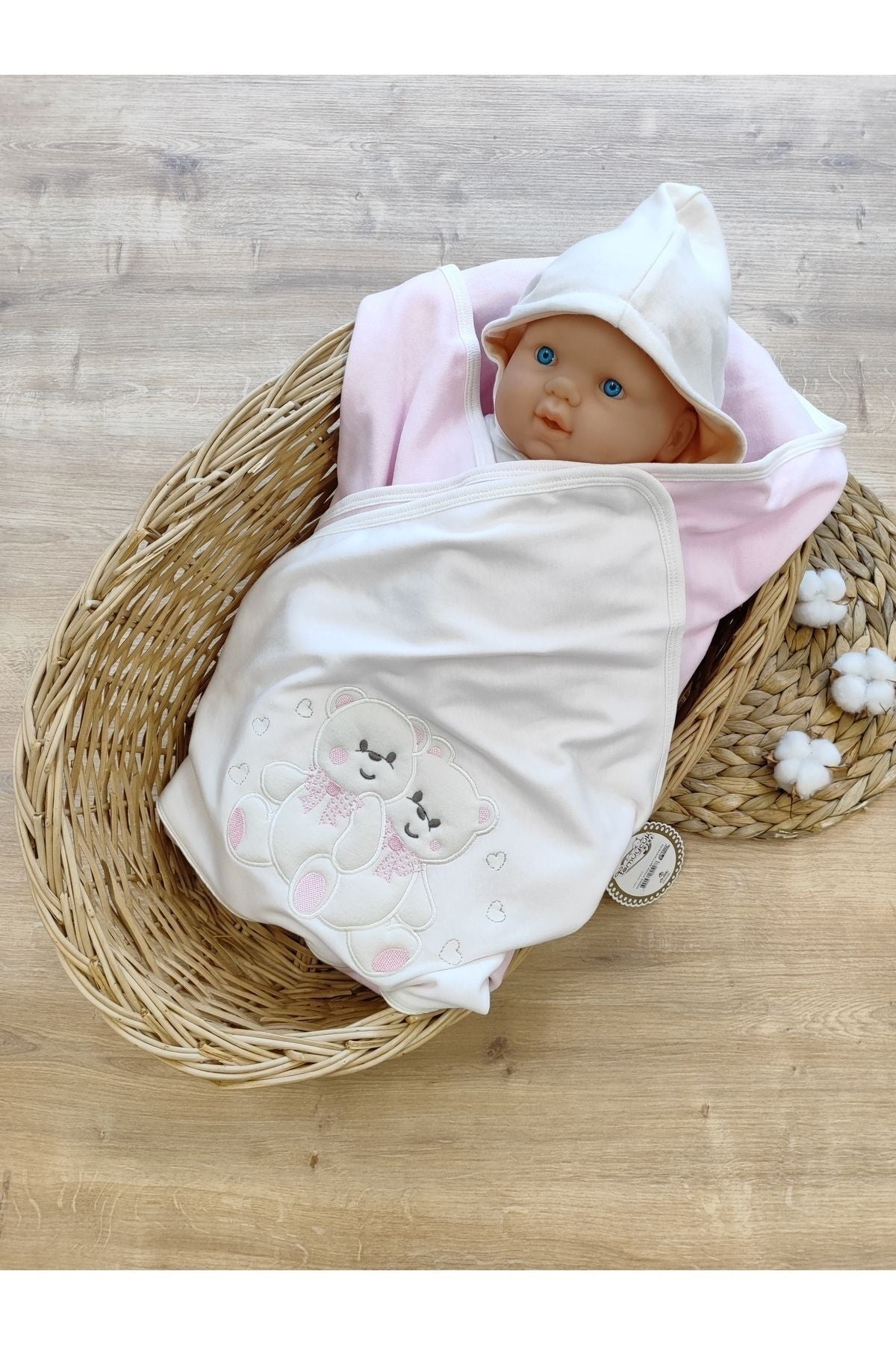 %100 Pamuklu & Mevsimlik Kız Bebek Battaniyesi - Pembe & Ayıcık Nakışlı Bebek Örtüsü 80x90 Cm