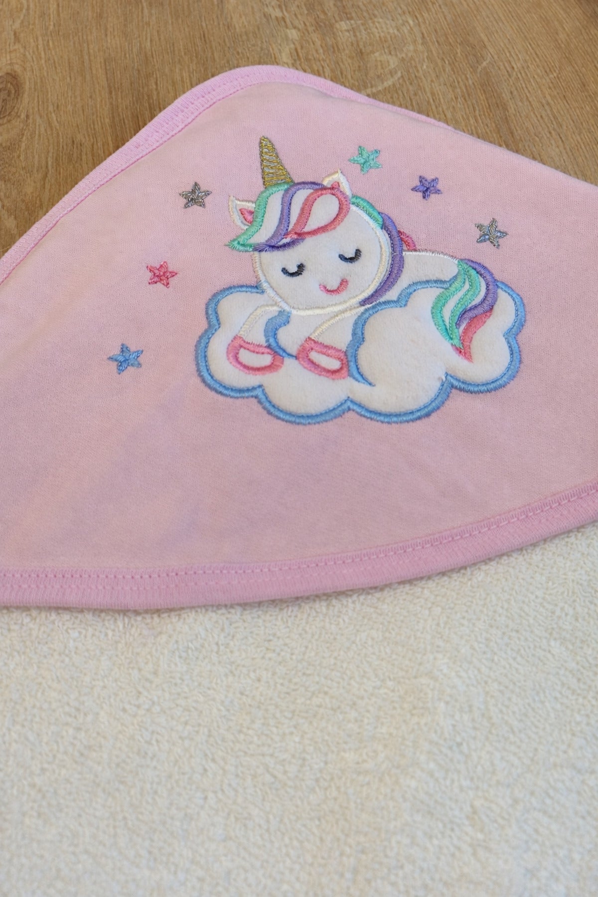 %100 Pamuklu Başlıklı & Unicorn Nakışlı Kız Bebek Banyo Havlusu- Yumuşak & Su Emici Havlu