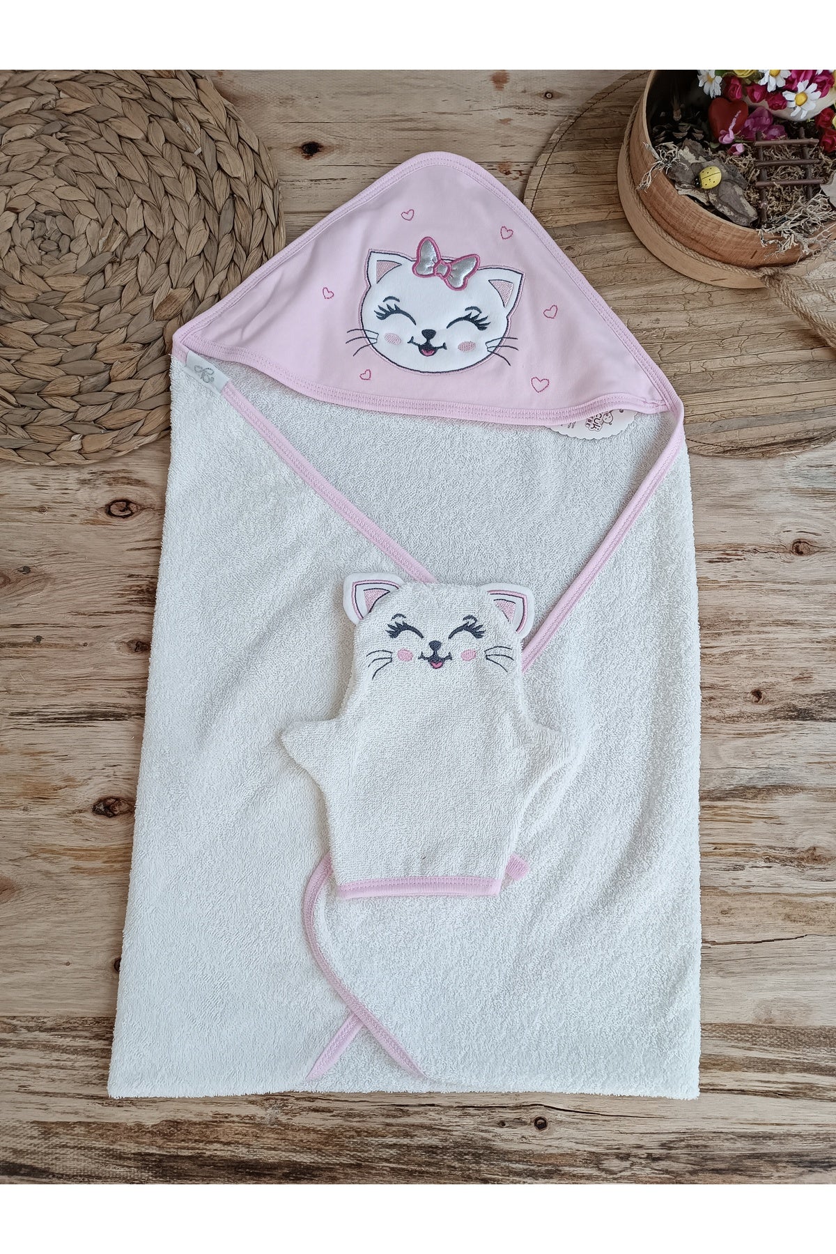 Kedi Nakışlı & Başlıklı Bebek Banyo Havlusu - Yumuşak & Su Emici Bebek Havlusu - %100 Pamuklu