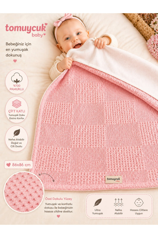 Pembe Kız Erkek Bebek Battaniyesi Pike %100 Pamuklu Doğal Organik Uyku Çift Taraflı Örtü 86x86cm
