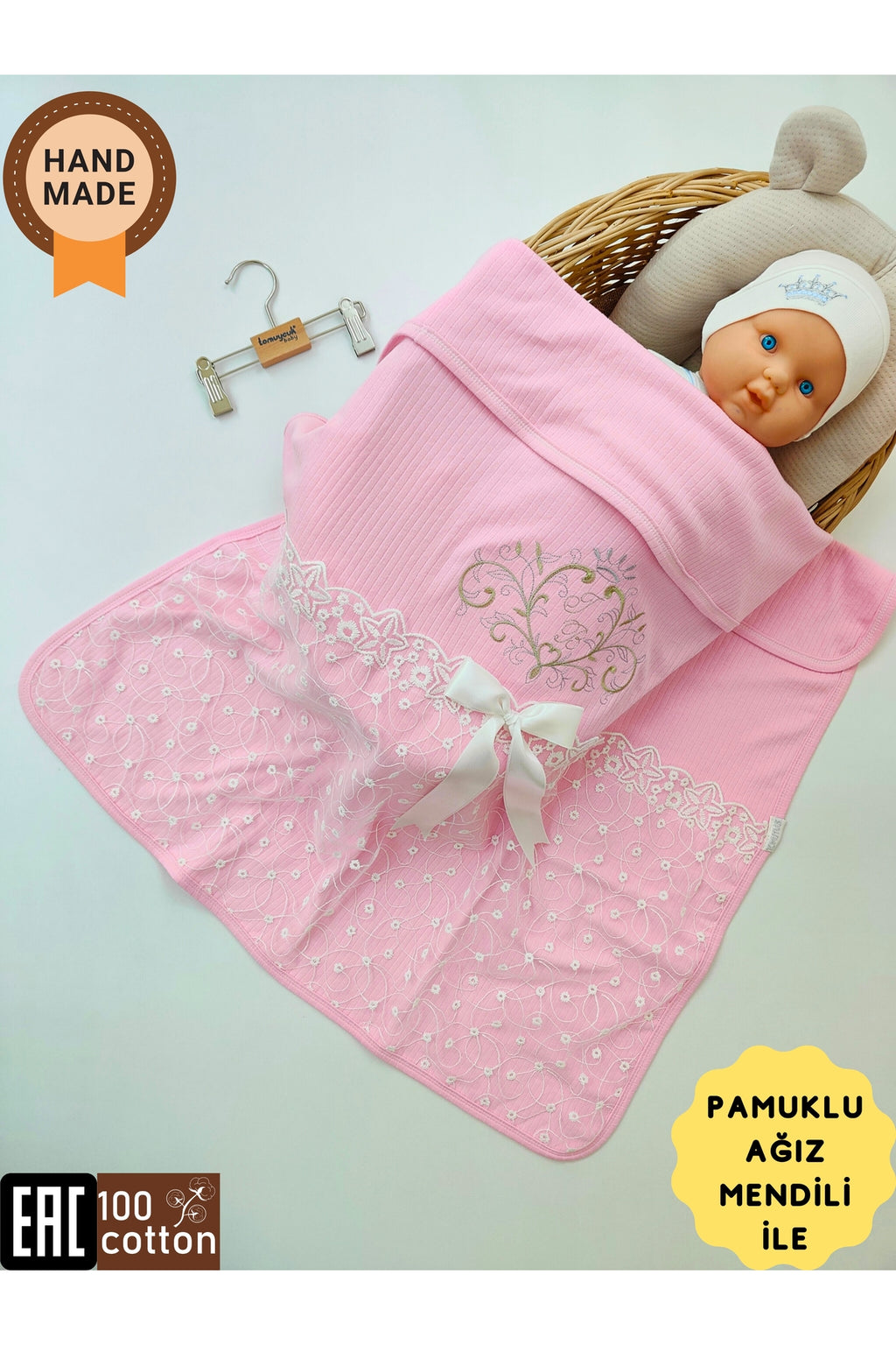 %100 Pamuklu Lüks Kız Bebek Kundak Battaniye 85x80 Çift Katlı Pembe Fitilli Yenidoğan Örtü