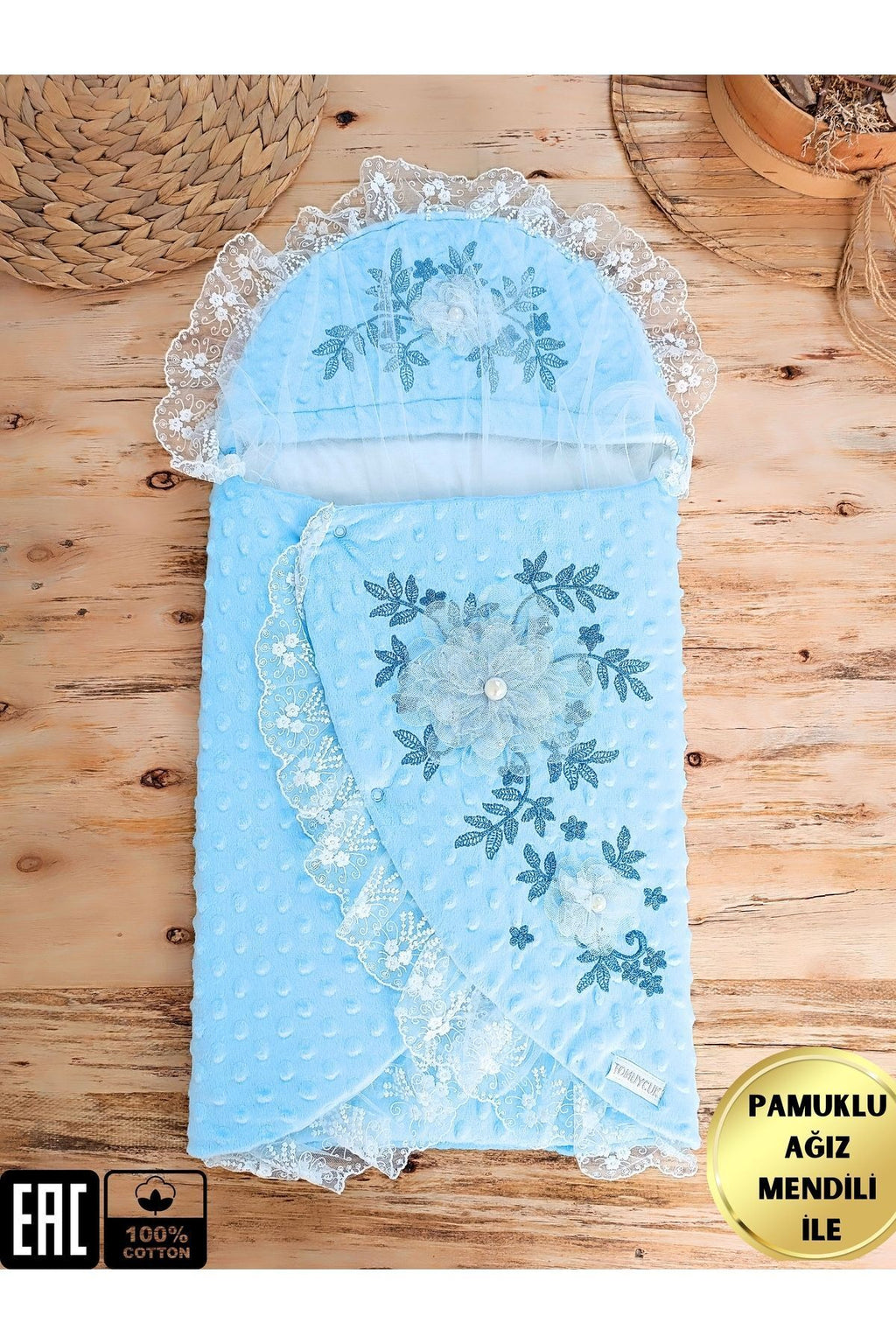 Dantelli & Duvaklı Mavi %100 Pamuk Yenidoğan Unisex Bebek Kundağı - Battaniyesi Mevlütlük