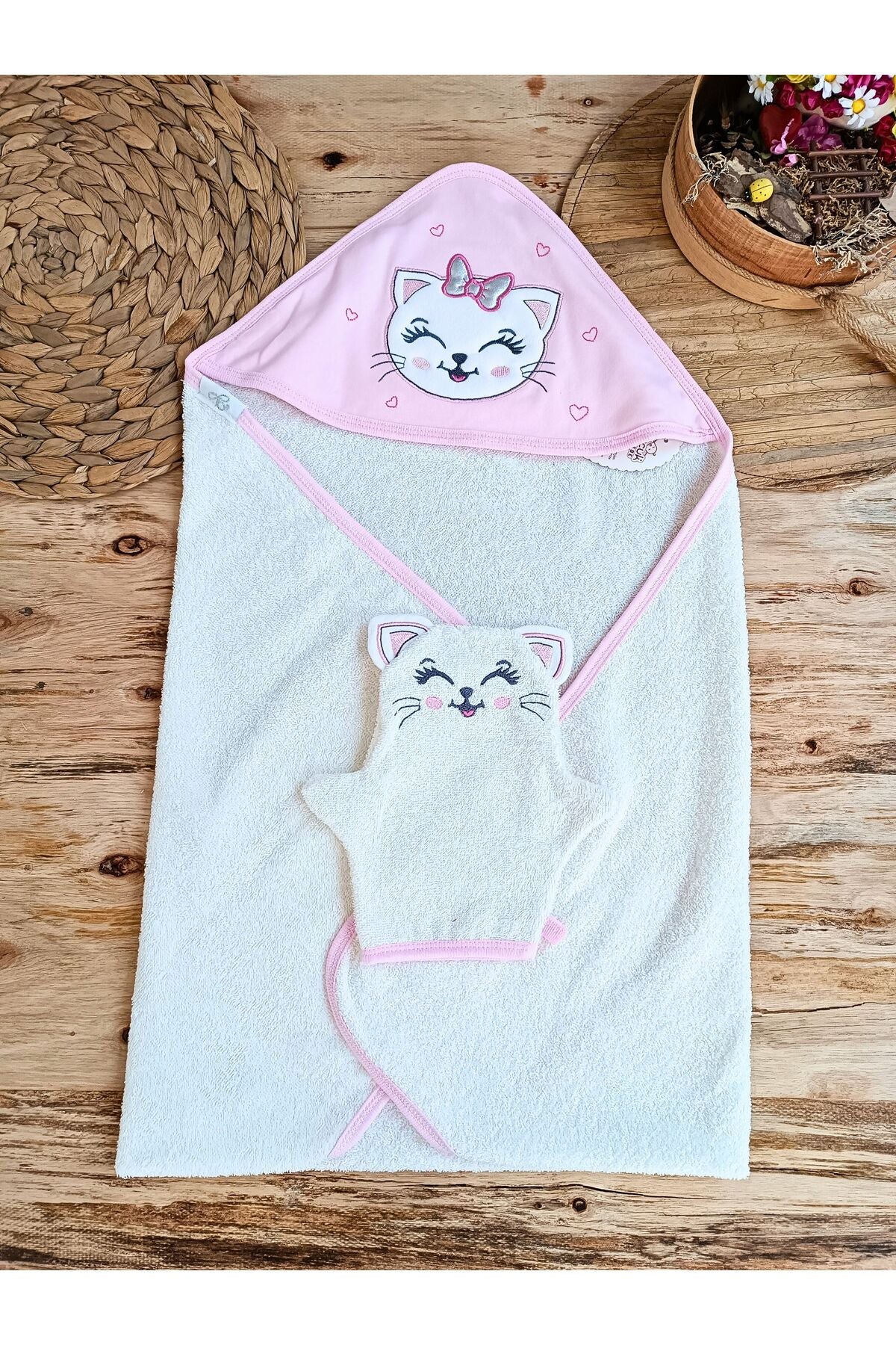 Kedi Nakışlı & Başlıklı Bebek Banyo Havlusu - Yumuşak & Su Emici Bebek Havlusu - %100 Pamuklu