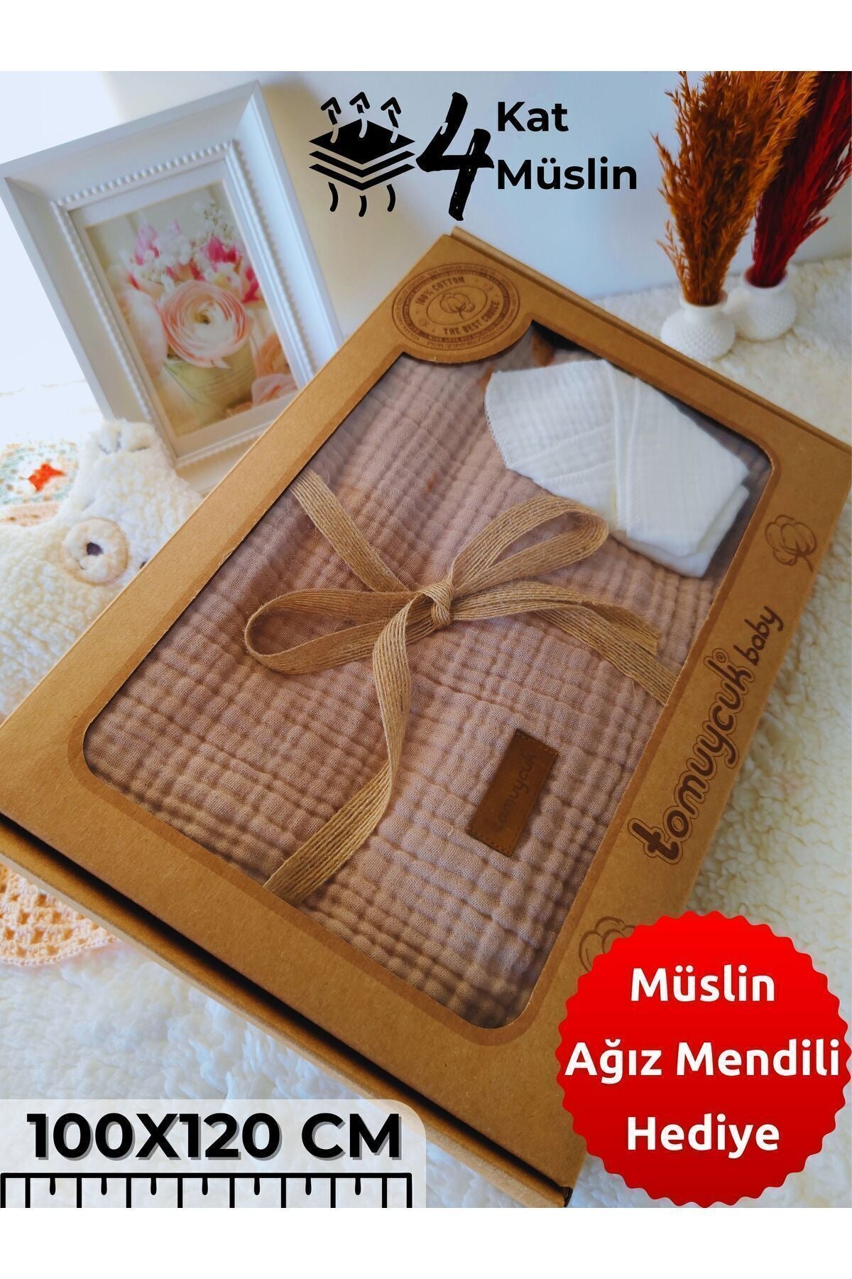 4 Kat Müslin Kahverengi Saçaklı Bebek Battaniyesi 100x120 Cm- %100 Pamuklu & Çok Amaçlı Battaniye