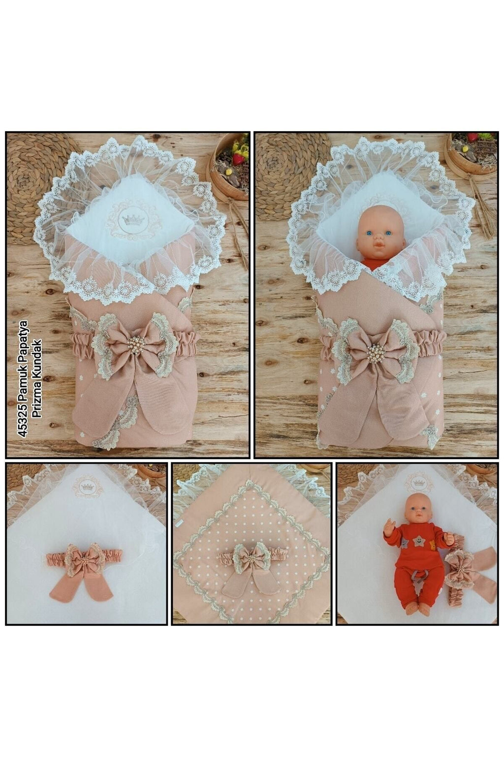 %100 Pamuklu Dantelli Bebek Kundağı | Hastane Çıkışı Mevlütlük Papatya