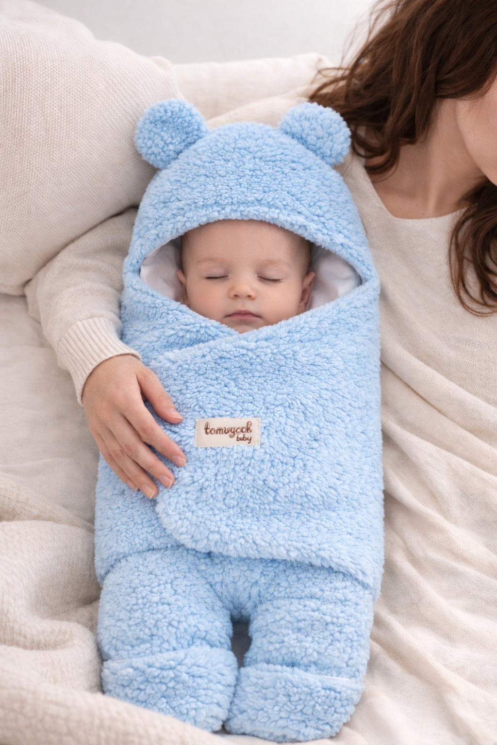 0-12 Ay İçi Elyaflı Peluş Welsoft Kulaklı Mavi Dış Bebek Kundak & Battaniyesi Kışlık Uyku Tulumu
