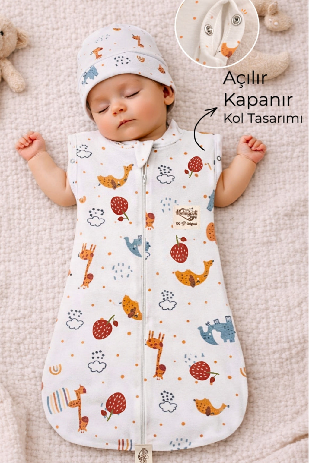 %100 Pamuklu Unisex Bebek Uyku Tulumu Kundak 0-6 Ay Fermuarlı Çıtçıt Kol Mevsimlik Şapkalı Yenidoğan