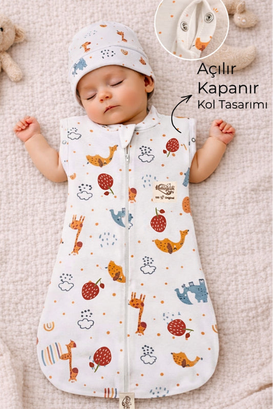 %100 Pamuklu Unisex Bebek Uyku Tulumu Kundak 0-6 Ay Fermuarlı Çıtçıt Kol Mevsimlik Şapkalı Yenidoğan
