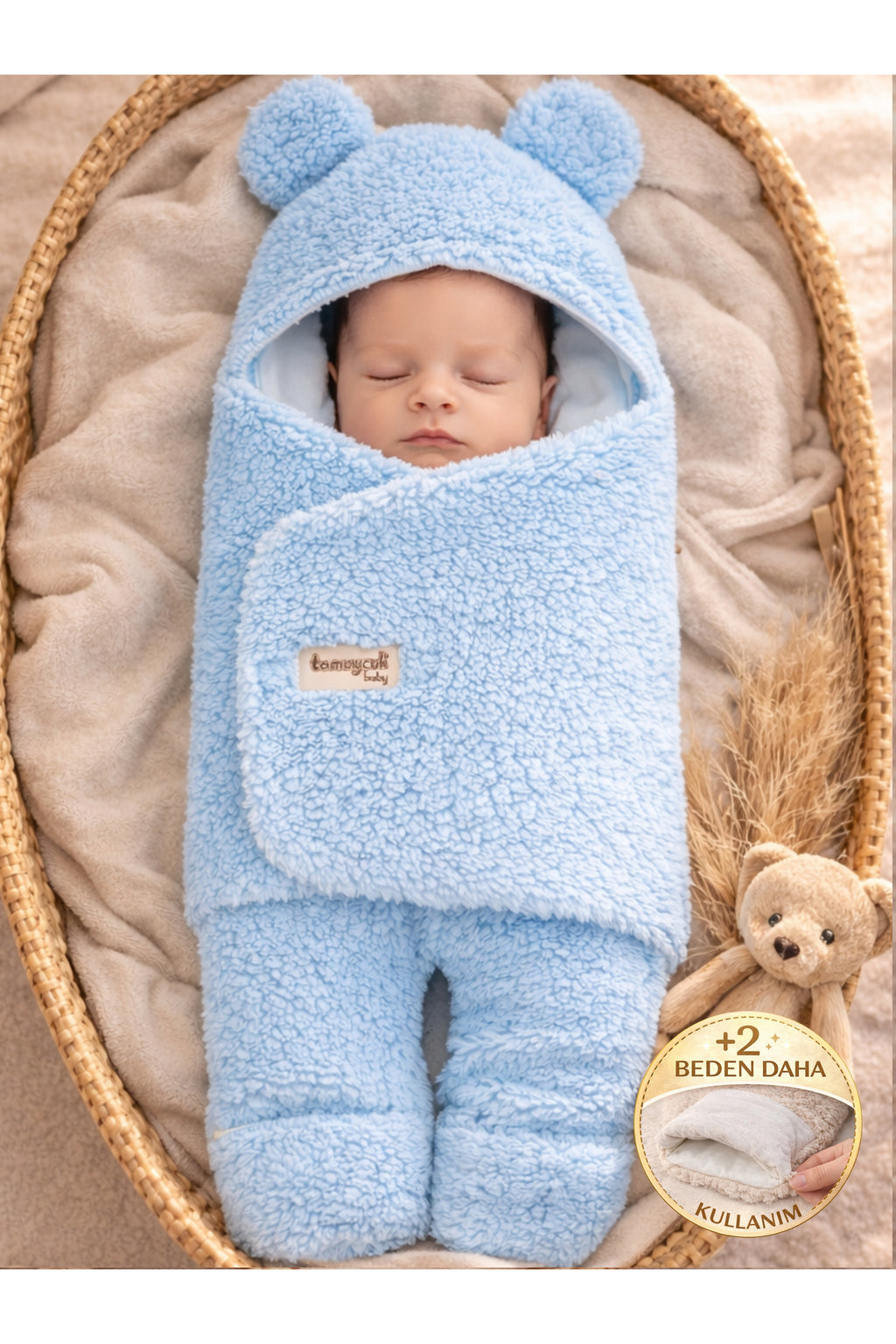 0-12 Ay İçi Elyaflı Peluş Welsoft Kulaklı Mavi Dış Bebek Kundak & Battaniyesi Kışlık Uyku Tulumu