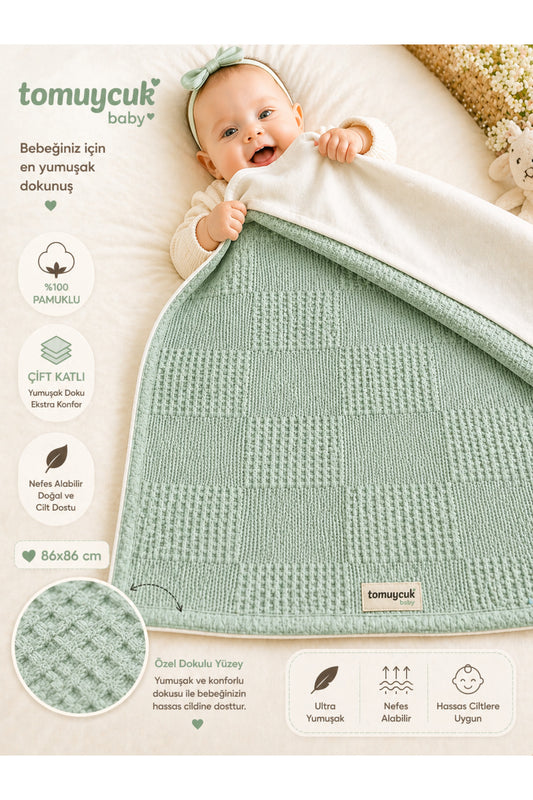 Yeşil Kız Erkek Bebek Battaniyesi Pike %100 Pamuklu Doğal Organik Uyku Çift Taraflı Örtü 86x86cm