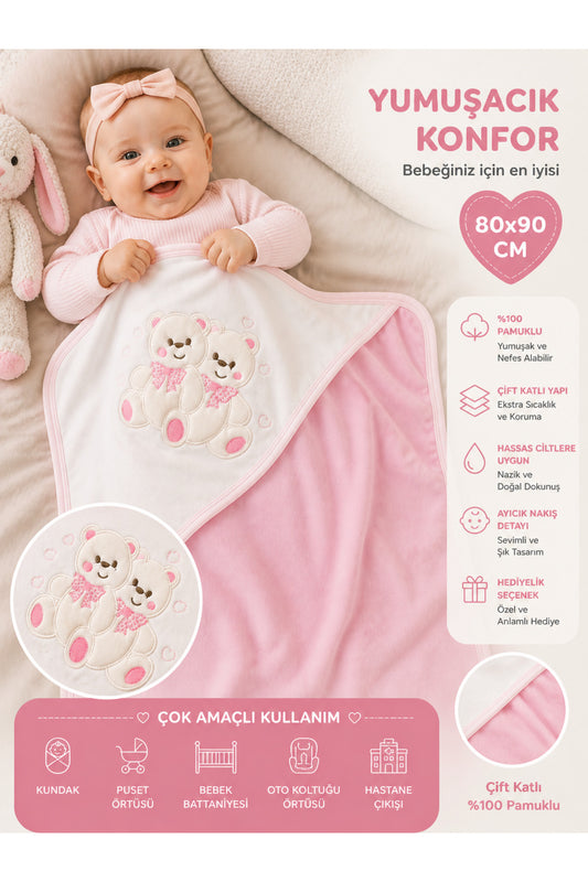 %100 Pamuklu & Mevsimlik Kız Bebek Battaniyesi - Pembe & Ayıcık Nakışlı Bebek Örtüsü 80x90 Cm