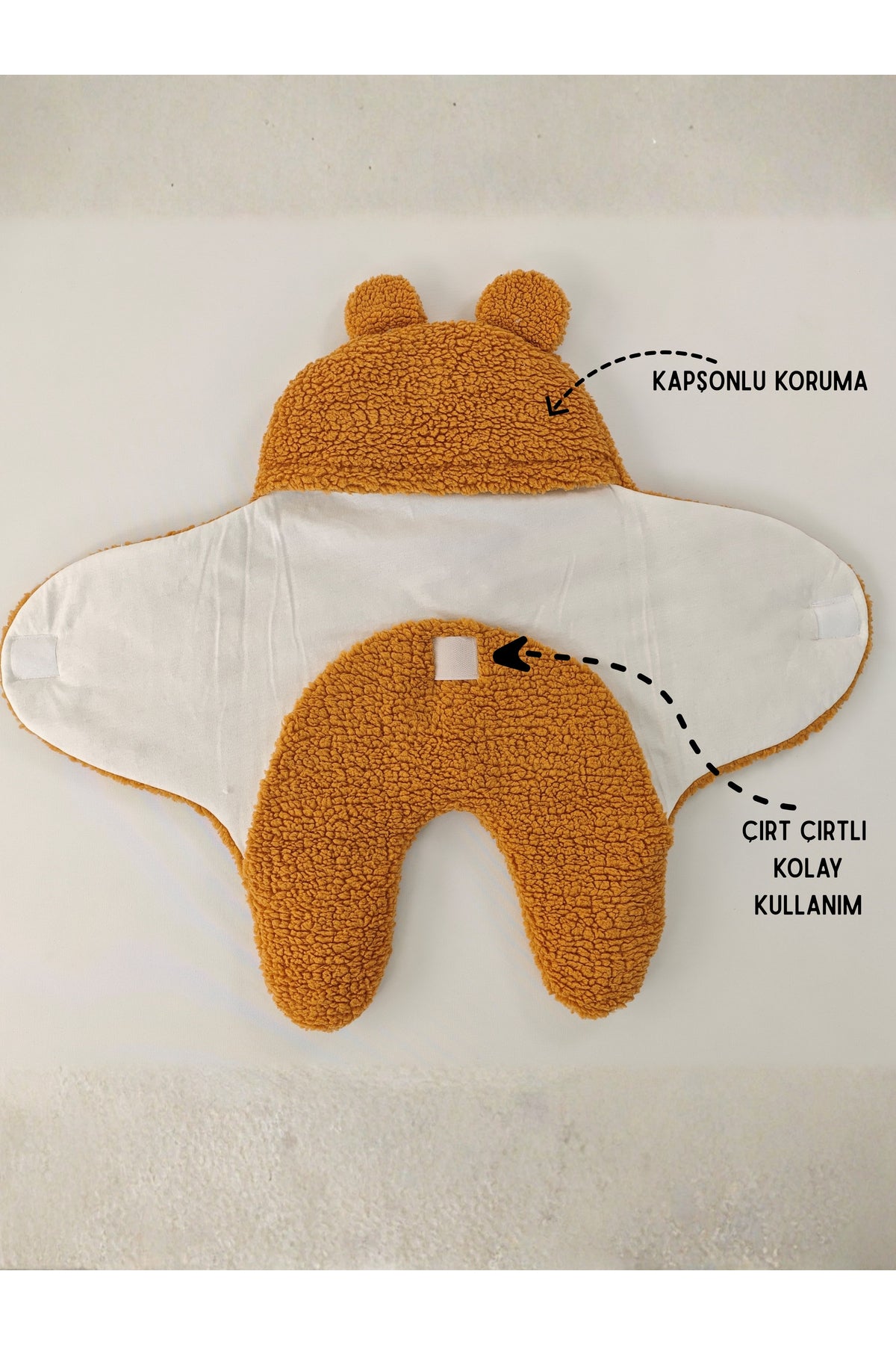 0-6 Ay İçi Elyaflı Kulaklı Peluş Bebek Kundağı Welsoft Kumaş Yenidoğan Uyku Tulumu