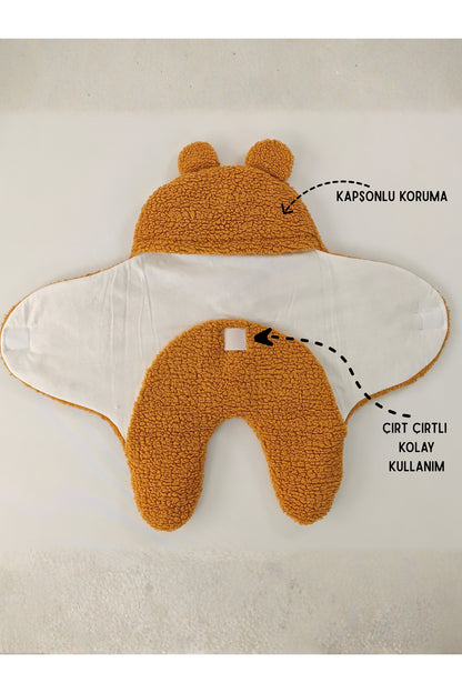 0-6 Ay İçi Elyaflı Kulaklı Peluş Bebek Kundağı Welsoft Kumaş Yenidoğan Uyku Tulumu