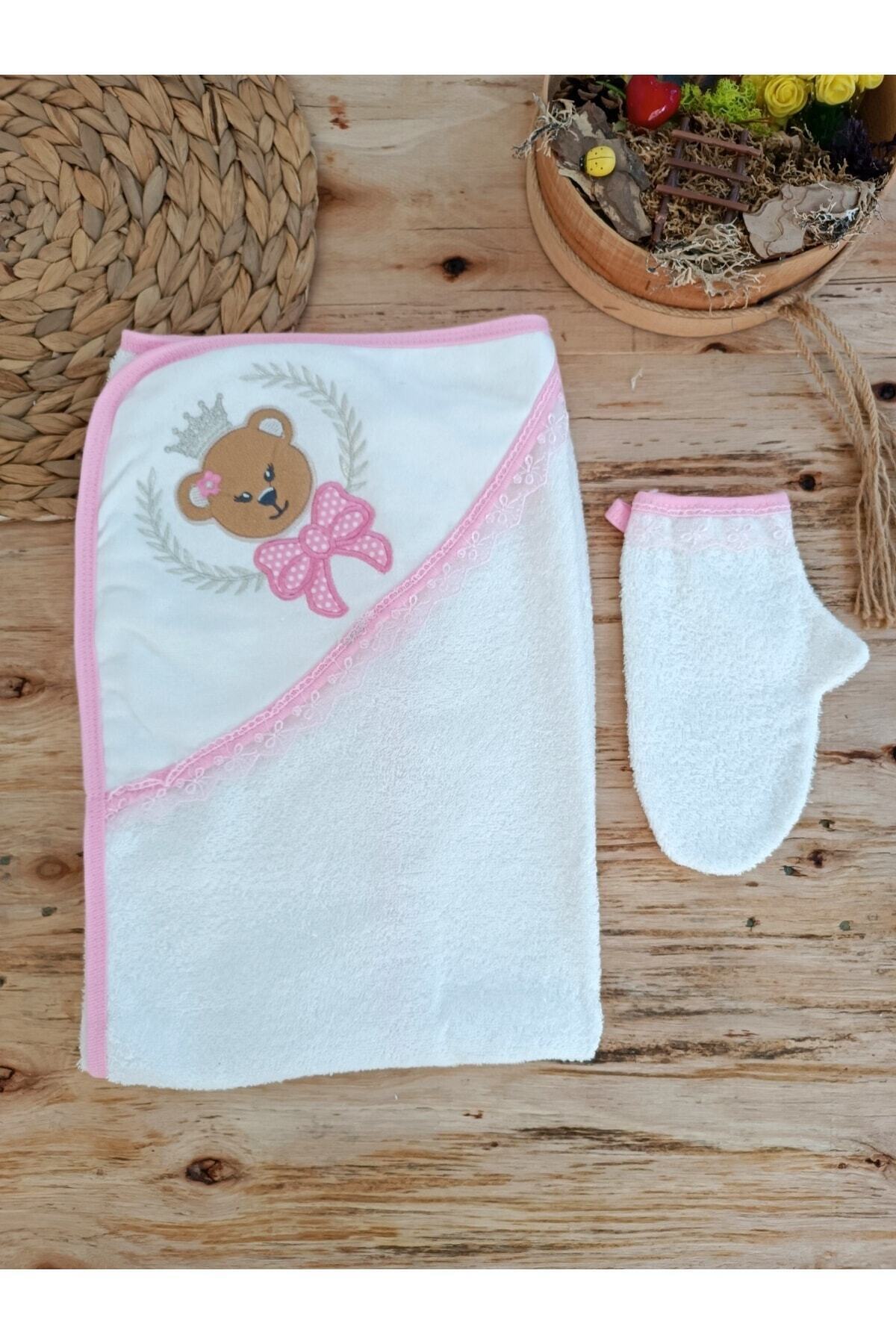 %100 Pamuklu & Başlıklı Kız Bebek Banyo Havlusu - Ayıcık Nakışlı & Yumuşak Bebek Havlusu