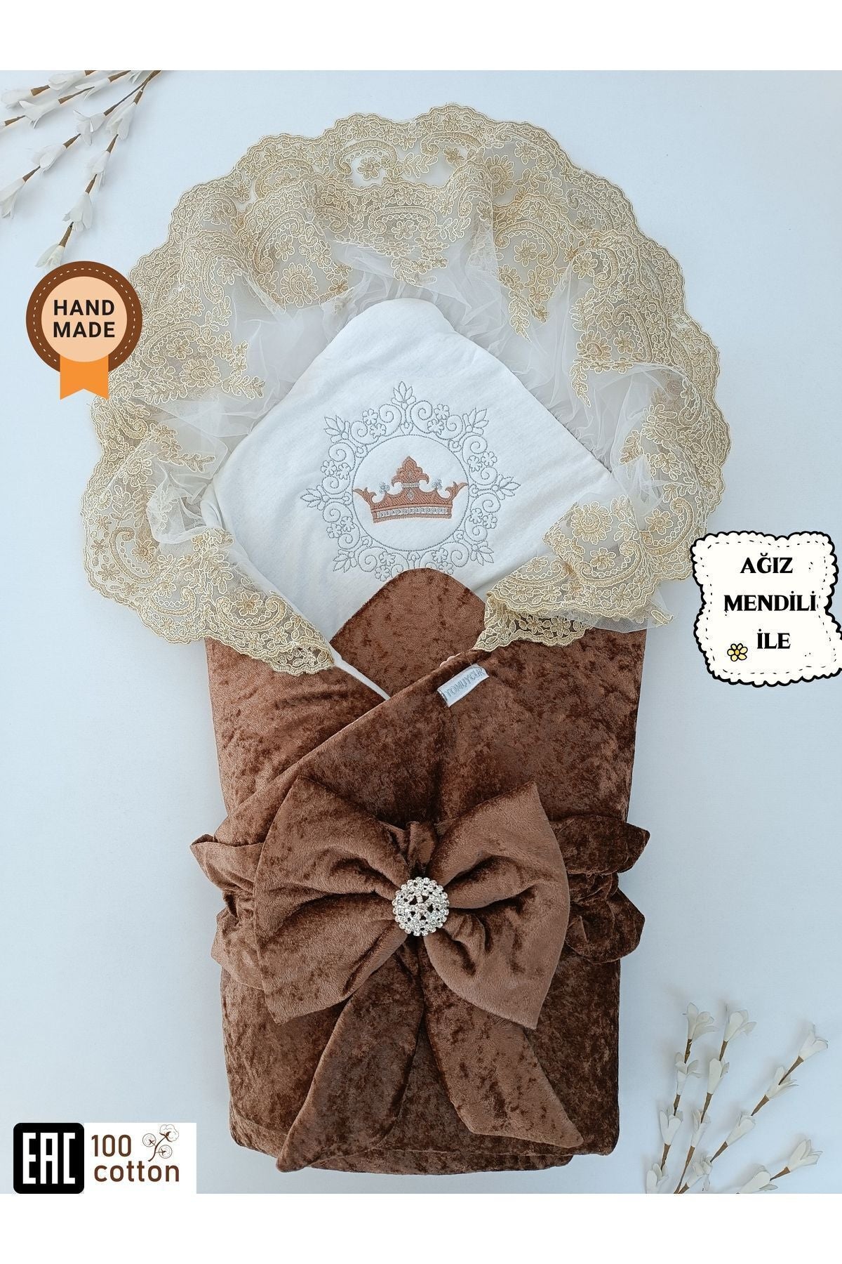 Dantelli Taçlı Bebek Kundağı Unisex Bebek Dış Kundak Battaniyesi Hastane Çıkışı Mevlütlük Kundak