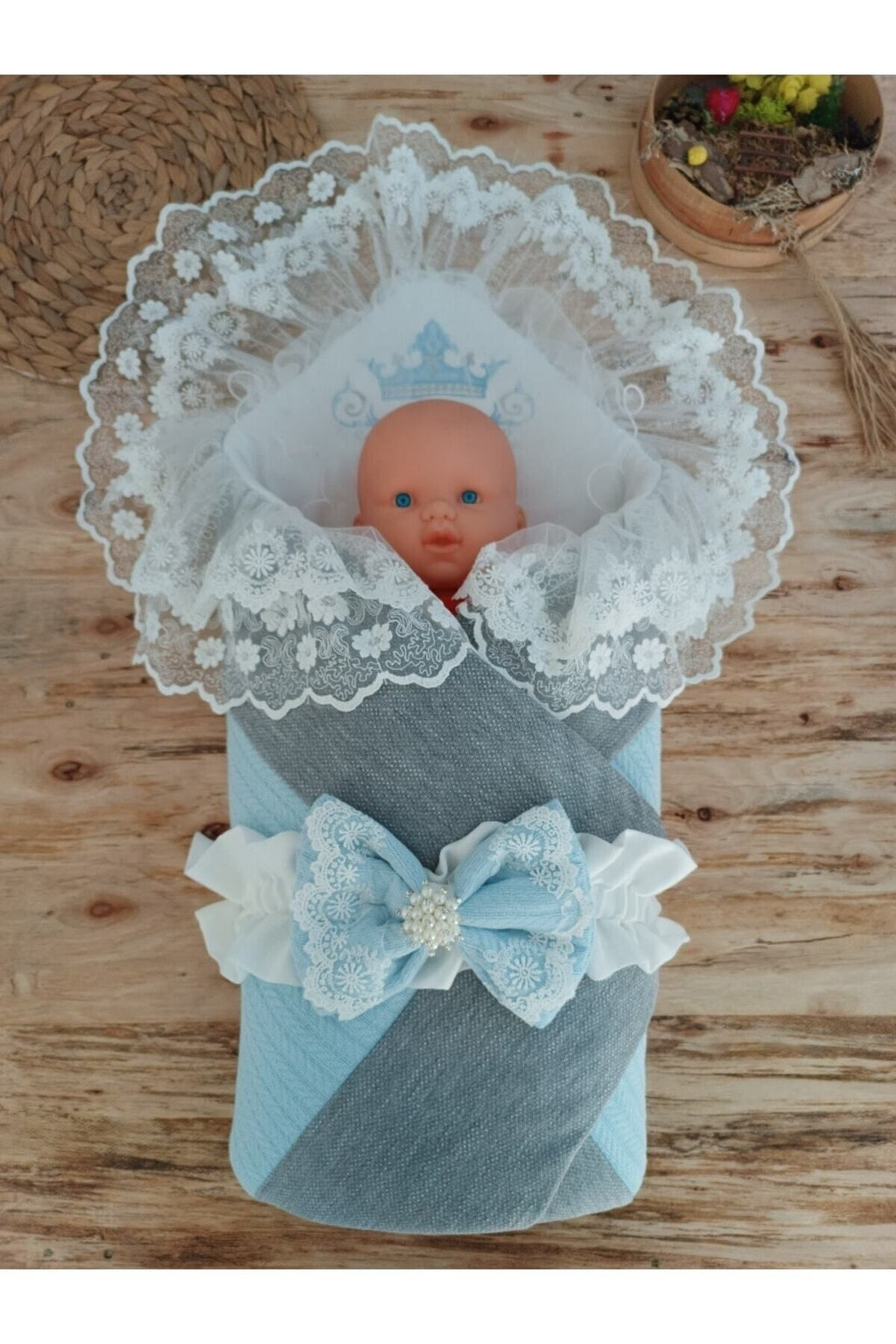 Mavi Triko Örgü Erkek Bebek Battaniyesi Kundak Kalın Şık Dantelli Yenidoğan Hastane Çıkışı Hediyelik