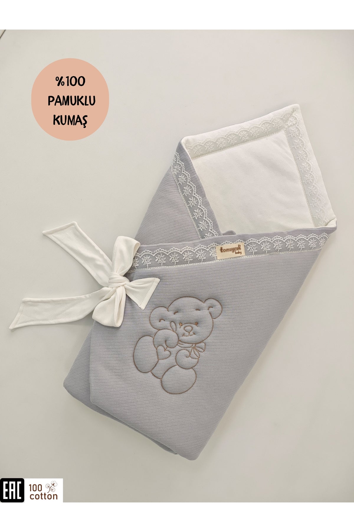 Gri Ayıcık Nakışlı %100 Pamuklu 85x85cm Bebek Battaniyesi | Kız Erkek Mevsimlik Uyku Kundağı
