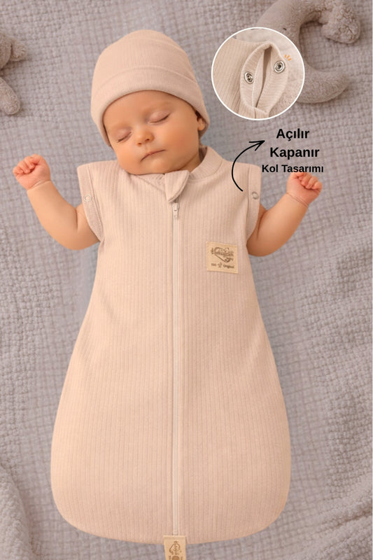 %100 Pamuklu Kız / Erkek Bebek Uyku Tulumu 0-6 Ay Fermuarlı Çıtçıtlı Kol Mevsimlik Şapkalı Yenidoğan