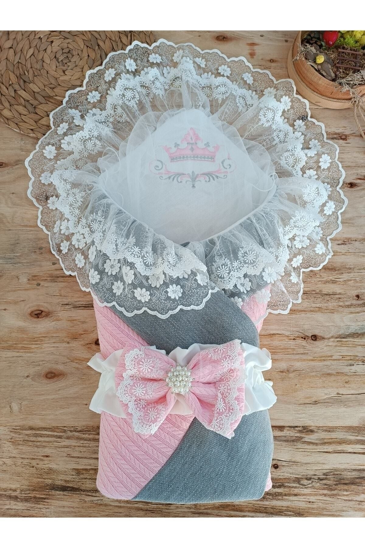 Pembe Triko Örgü Kız Bebek Batttaniyesi Kundağı Şık Dantelli Yenidoğan Hastane Çıkışı Hediyelik