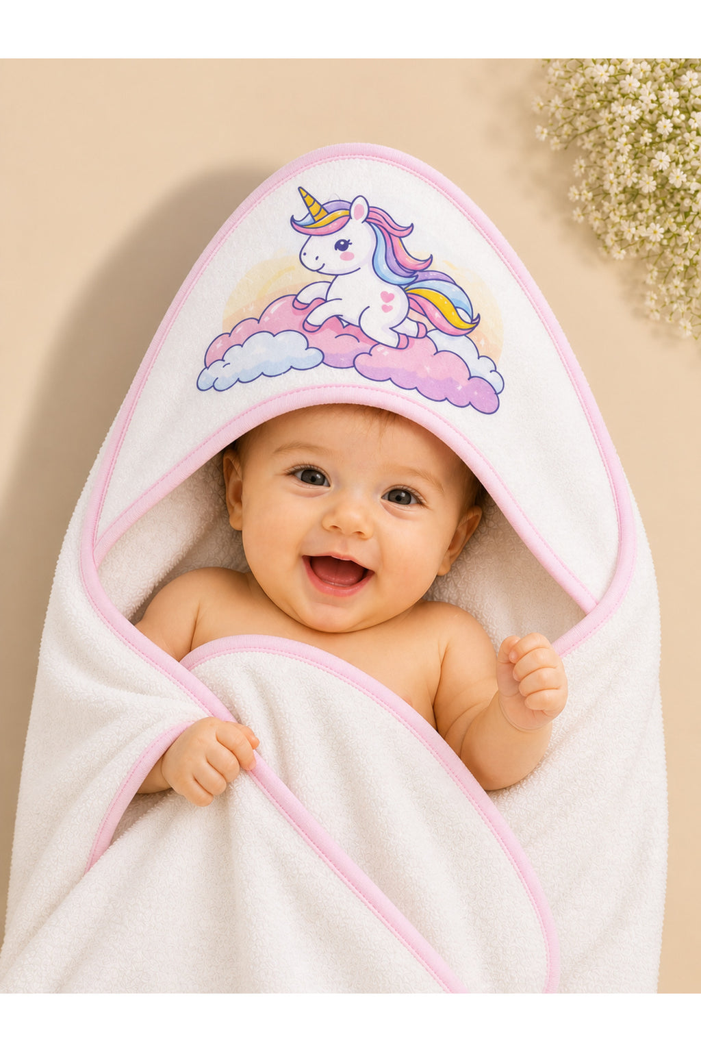Unicorn Desenli Kapüşonlu Bebek Banyo Havlusu %100 Pamuklu Yenidoğan Kundak Havlu Kız Bebek
