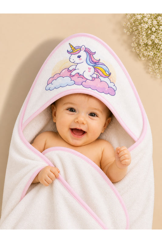 Unicorn Desenli Kapüşonlu Bebek Banyo Havlusu %100 Pamuklu Yenidoğan Kundak Havlu Kız Bebek