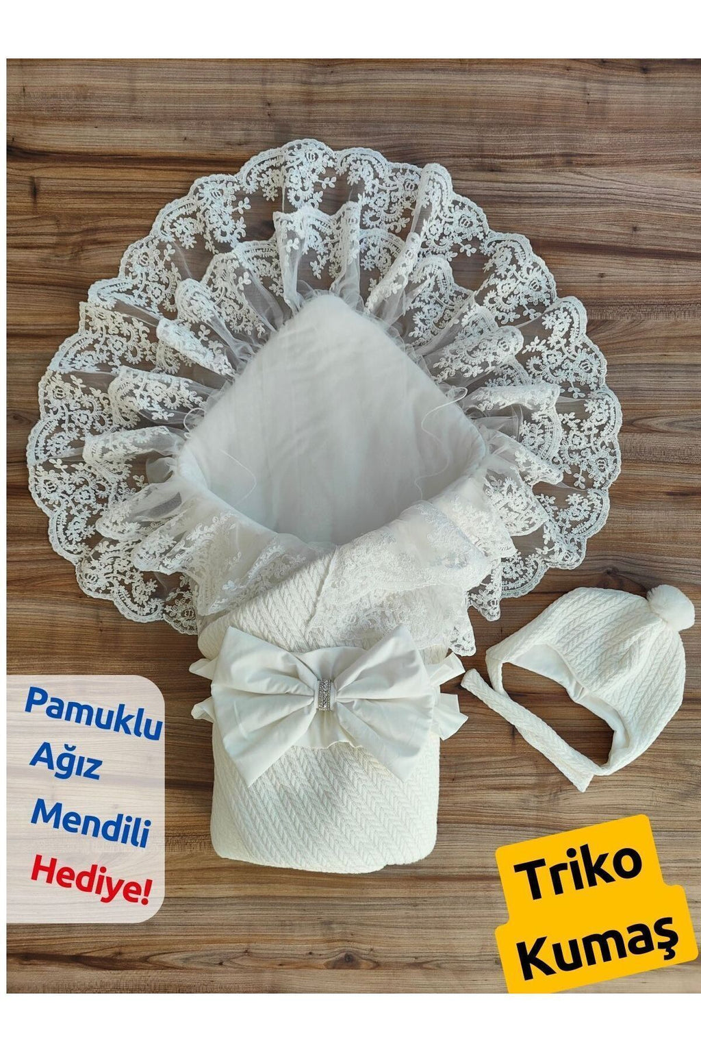 Triko Örgü Kız Erkek Bebek Batttaniyesi Kundağı Şapkalı Dantelli Yenidoğan Hastane Çıkışı