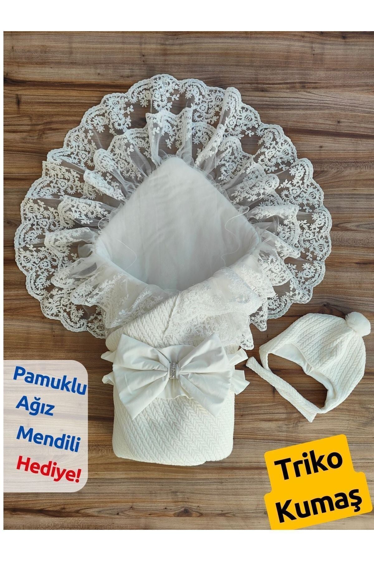 Triko Örgü Kız Erkek Bebek Batttaniyesi Kundağı Şapkalı Dantelli Yenidoğan Hastane Çıkışı