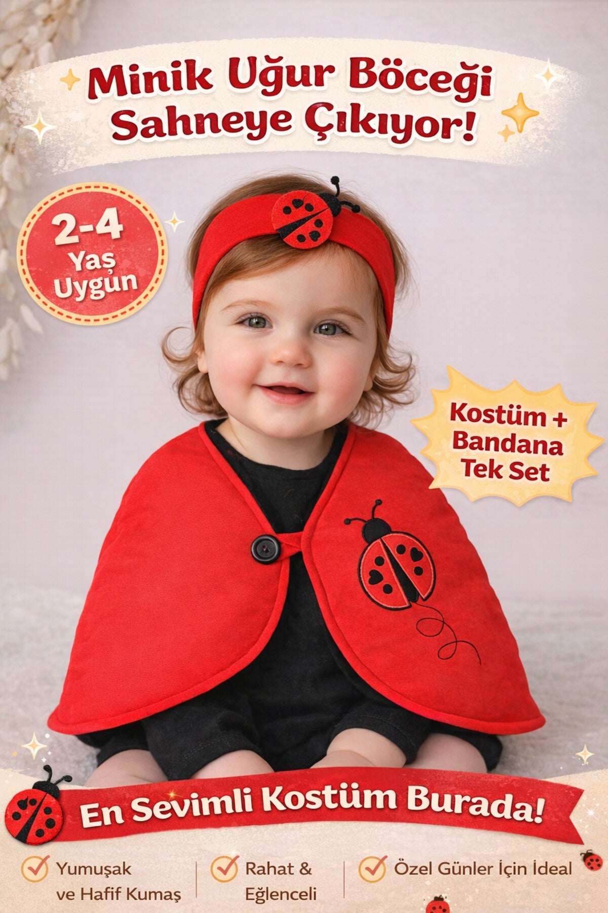 Kırmızı & Bandanalı Uğur Böceği Kostümü - Kız Çocuk Doğum Günü Kostümü Seti