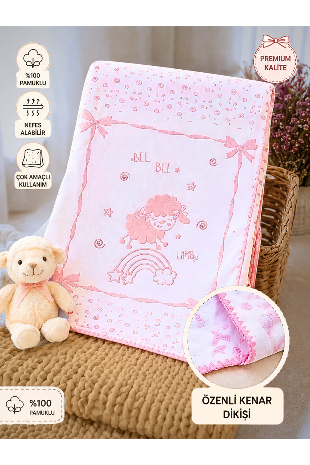 %100 Pamuklu Triko Kız Bebek Battaniyesi - Pembe & Kuzu Desenli Bebek Arabası Örtüsü