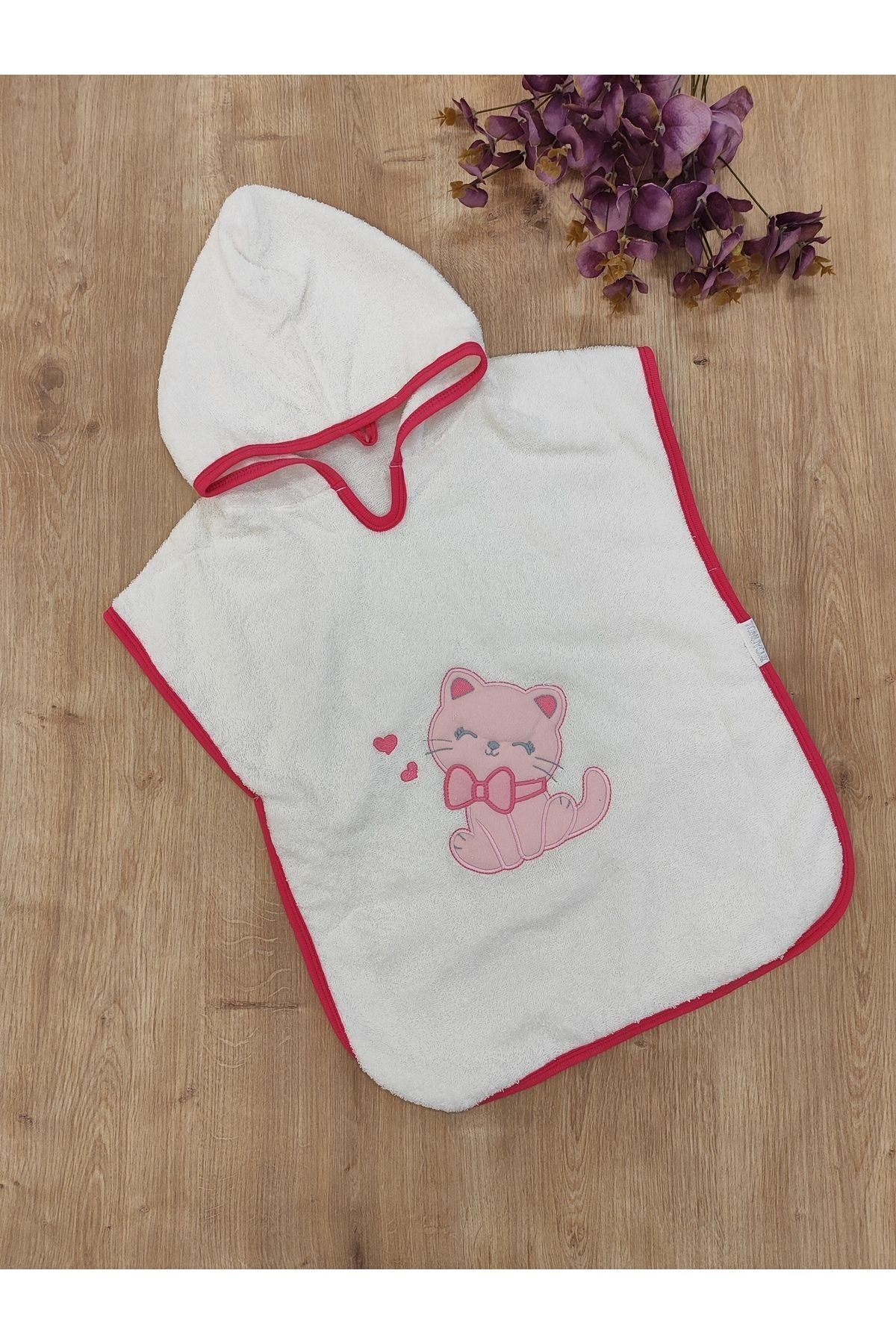 %100 Pamuklu & Başlıklı Pareo Bebek Bornozu - Yumuşak & Su Emici Bebek Havlusu - Kedi Nakışlı