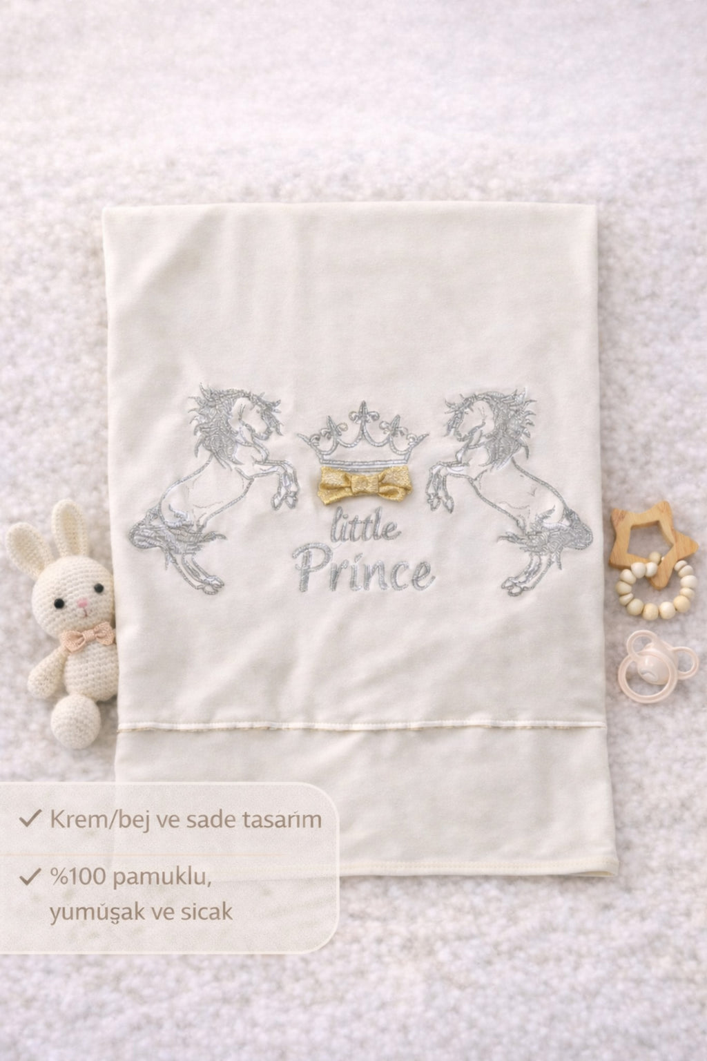 %100 Pamuklu Gümüş Atlı Prince Bebek Battaniyesi - Yumuşak Puset & Bebek Arabası Örtüsü