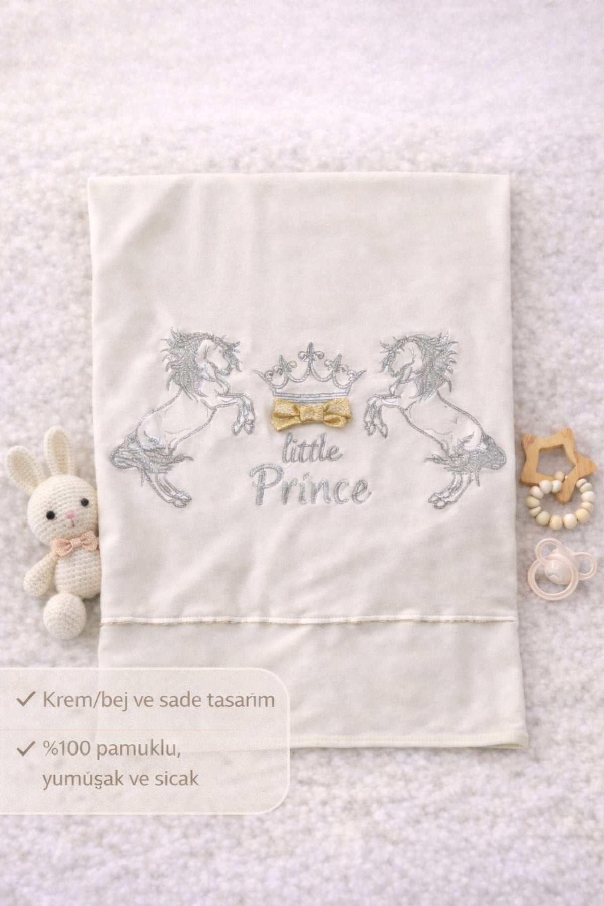 %100 Pamuklu Gümüş Atlı Prince Bebek Battaniyesi - Yumuşak Puset & Bebek Arabası Örtüsü