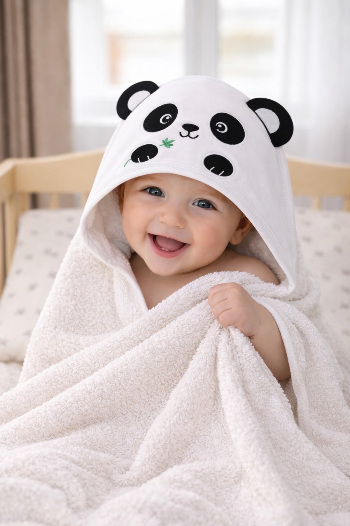 %100 Pamuklu & Başlıklı Bebek Banyo Havlusu - Panda Nakışlı & Havlu- Yumuşak & Su Emici