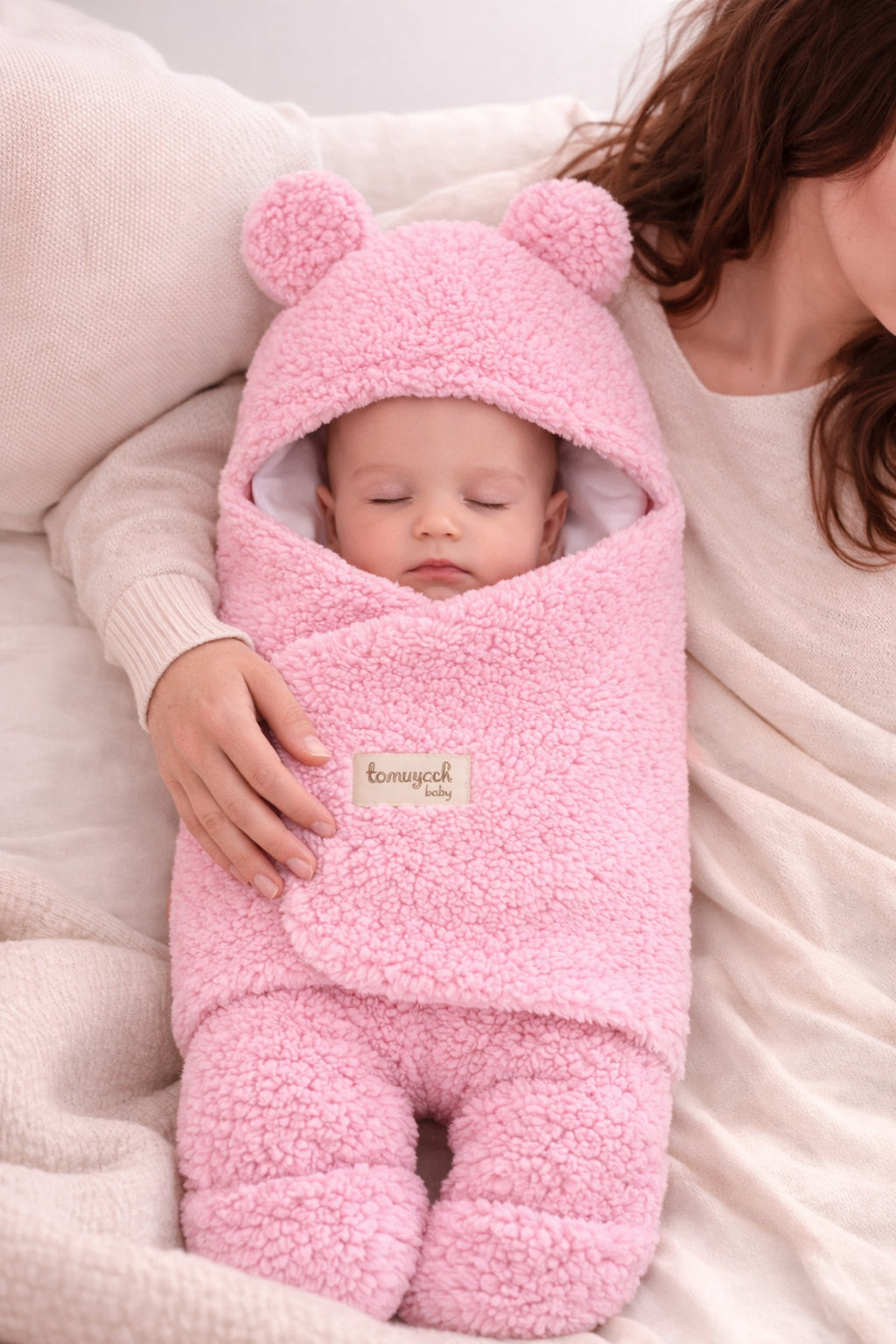 0-12 Ay İçi Elyaflı Peluş Welsoft Kulaklı Pembe Dış Bebek Kundak & Battaniyesi Kışlık Uyku Tulumu