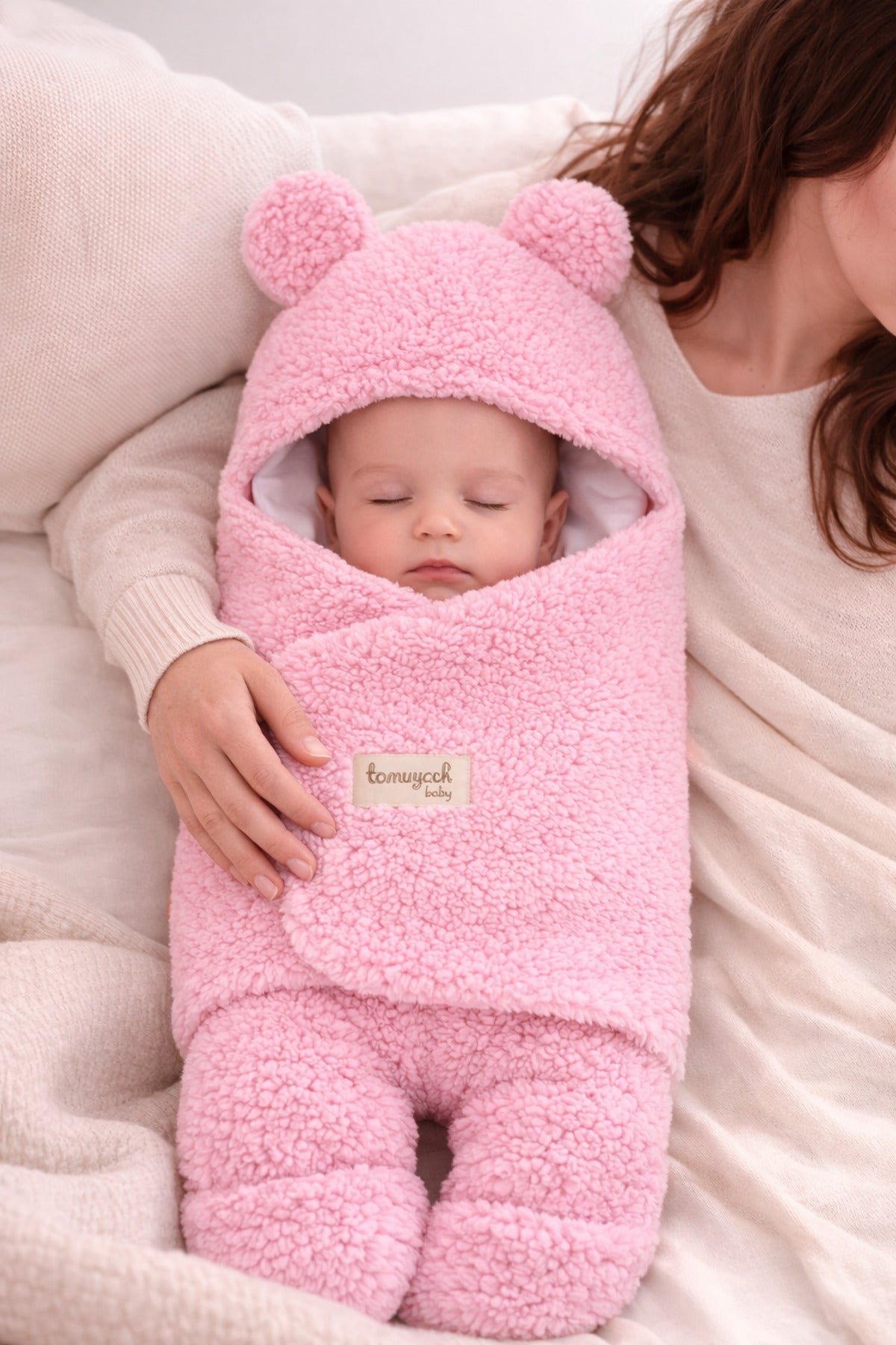 0-12 Ay İçi Elyaflı Peluş Welsoft Kulaklı Pembe Dış Bebek Kundak & Battaniyesi Kışlık Uyku Tulumu