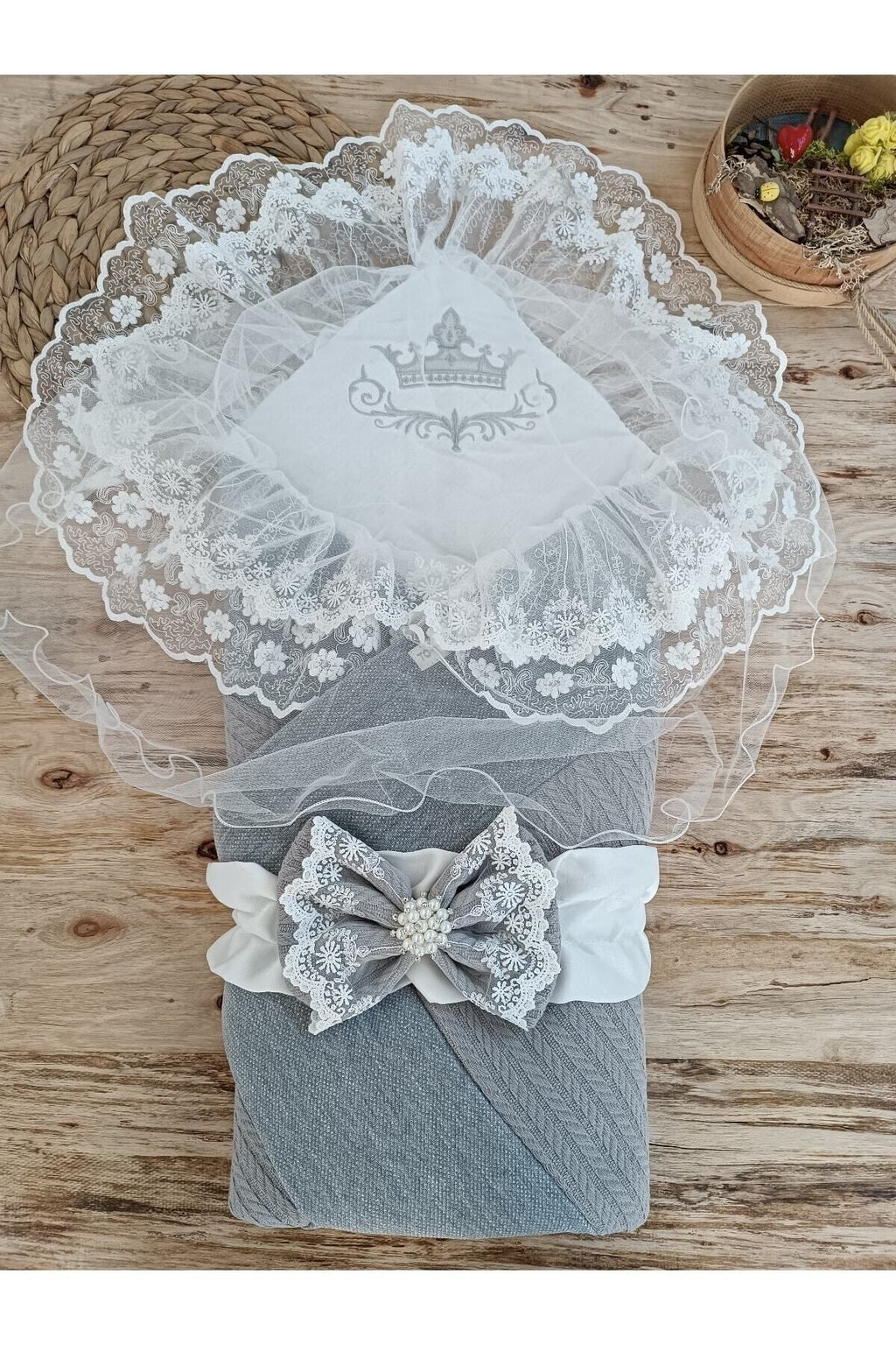 Gri Triko Örgü Kız Erkek Bebek Batttaniyesi Kundağı Dantelli Yenidoğan Hastane Çıkışı Hediyelik