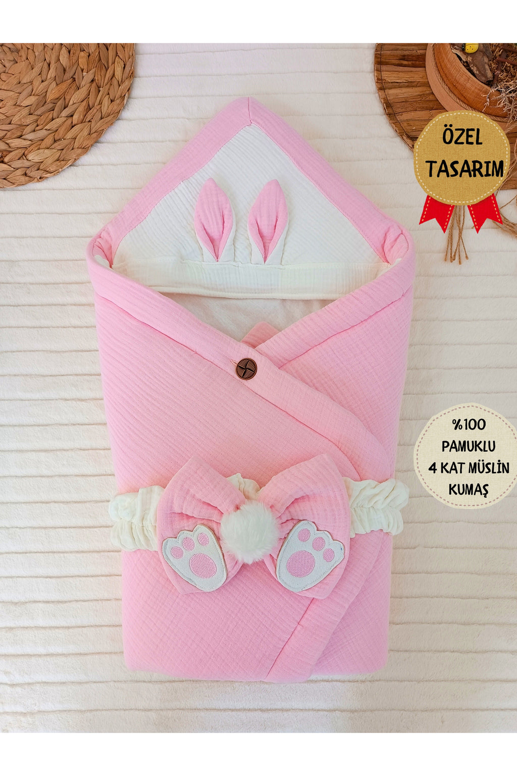 4 Kat Müslin Pembe Bebek Battaniyesi %100 Pamuklu Doğal Organik Uyku Kundağı Hastane Çıkışı
