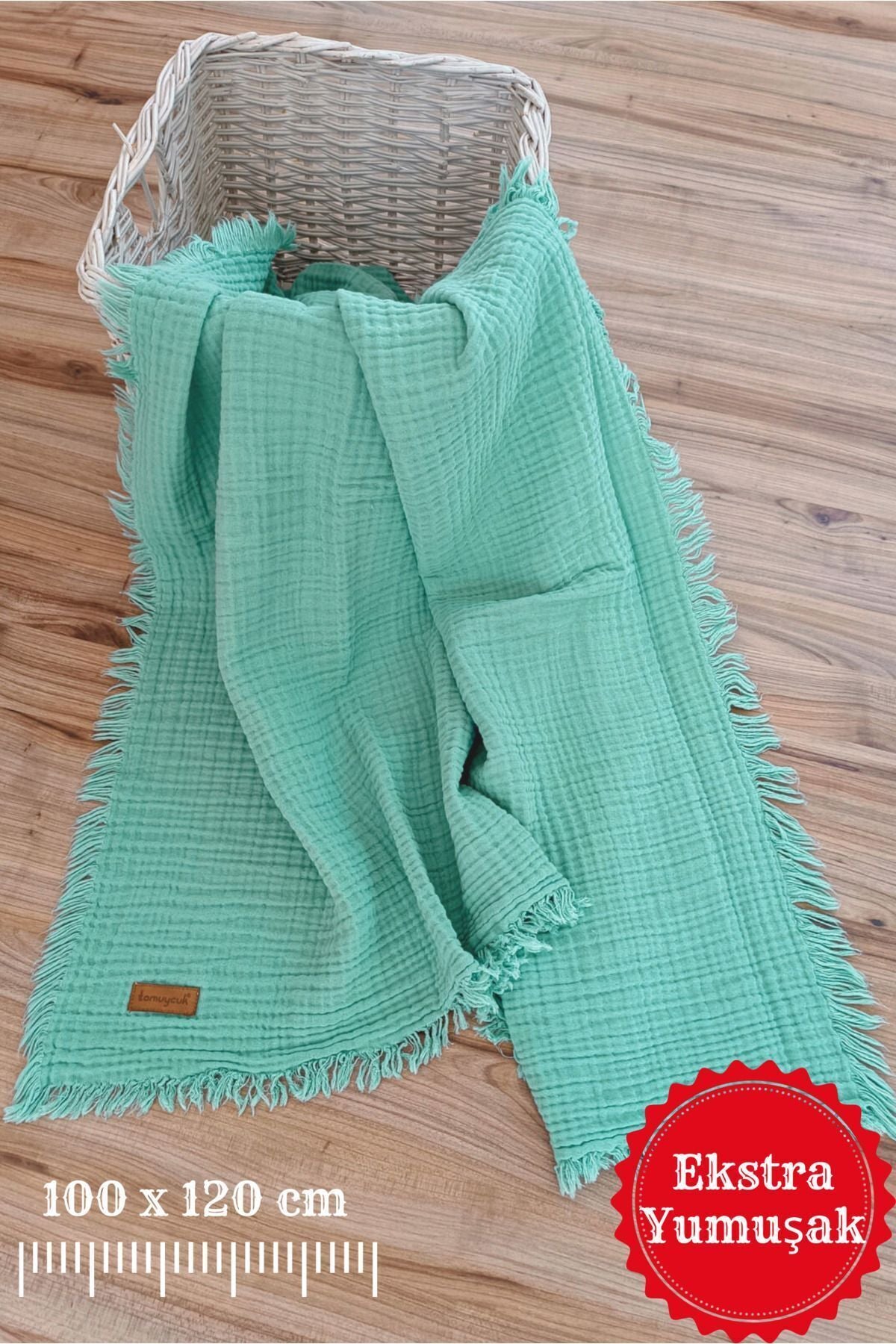 4 Kat Müslin Mint Yeşil Saçaklı Bebek Battaniyesi 100x120 Cm- %100 Pamuklu & Çok Amaçlı Battaniye