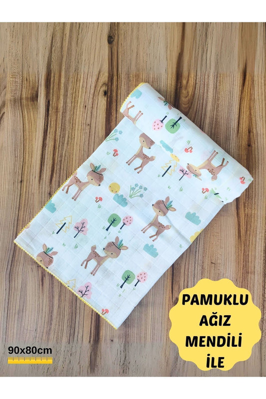 Sarı Müslin Kız Erkek Bebek Battaniyesi Oeko-texli %100 Pamuklu Desenli Örtü Yenidoğan 90x80cm